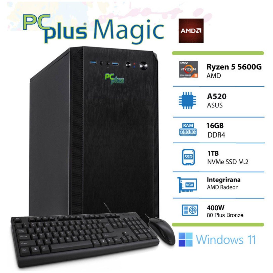PCPLUS Magic AMD Ryzen 5 5600G 16GB 1TB NVMe SSD Windows 11 Home tipkovnica miška namizni računalnik