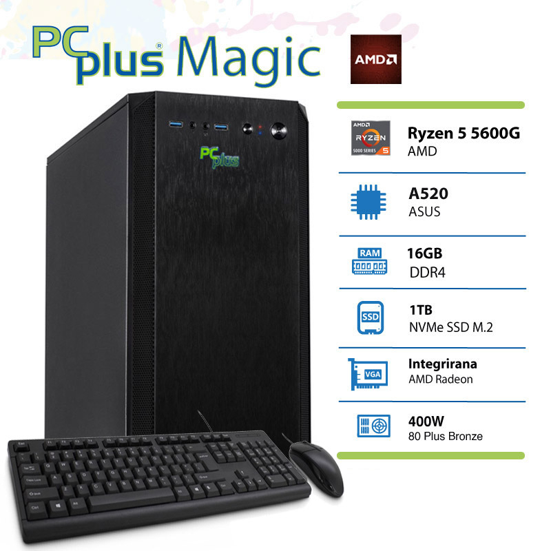 PCPLUS Magic AMD Ryzen 5 5600G 16GB 1TB NVMe SSD tipkovnica miška namizni računalnik