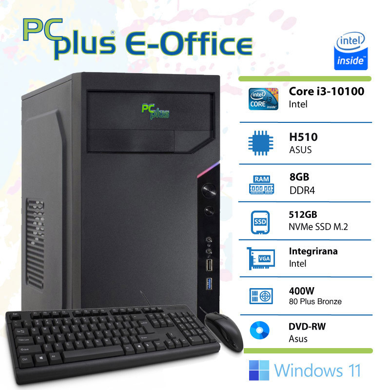 PCPLUS e-Office i3-10100 8GB 512GB NVMe SSD Windows 11 Home tipkovnica miška namizni računalnik