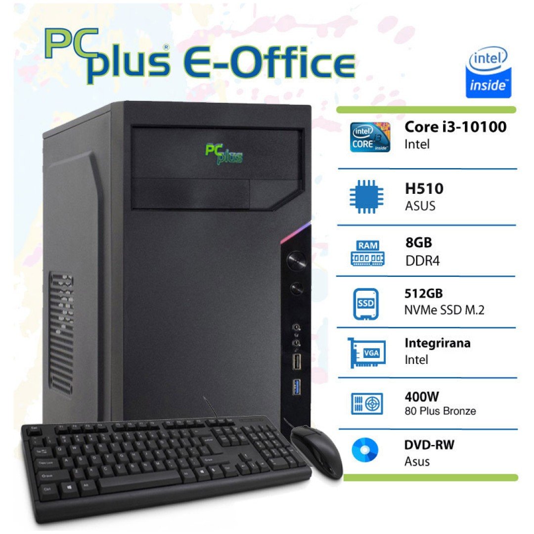 PCPLUS e-Office i3-10100 8GB 512GB NVMe SSD tipkovnica miška namizni računalnik