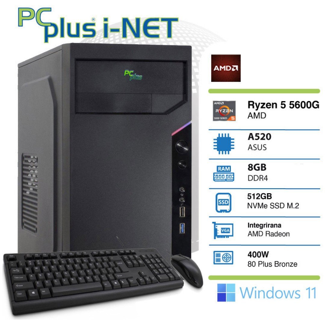 PCPLUS i-NET Ryzen 5 5600G 8GB 512GB NVMe M.2 SSD Windows 11 Home tipkovnica miška namizni računalnik