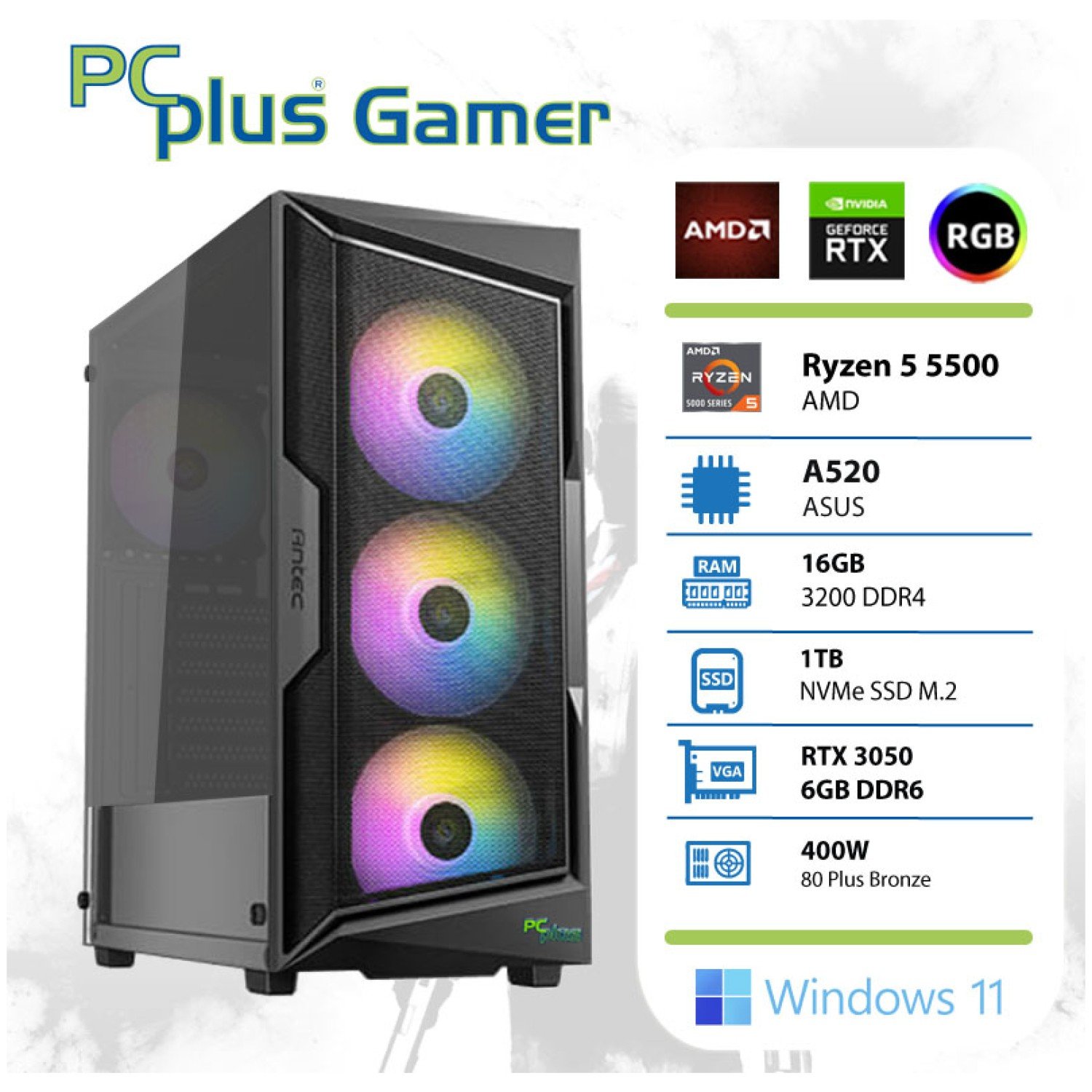 PCplus Gamer Ryzen 5 5500 16GB 1TB NVMe SSD GeForce RTX 3050 6GB Windows 11 gaming namizni računalnik