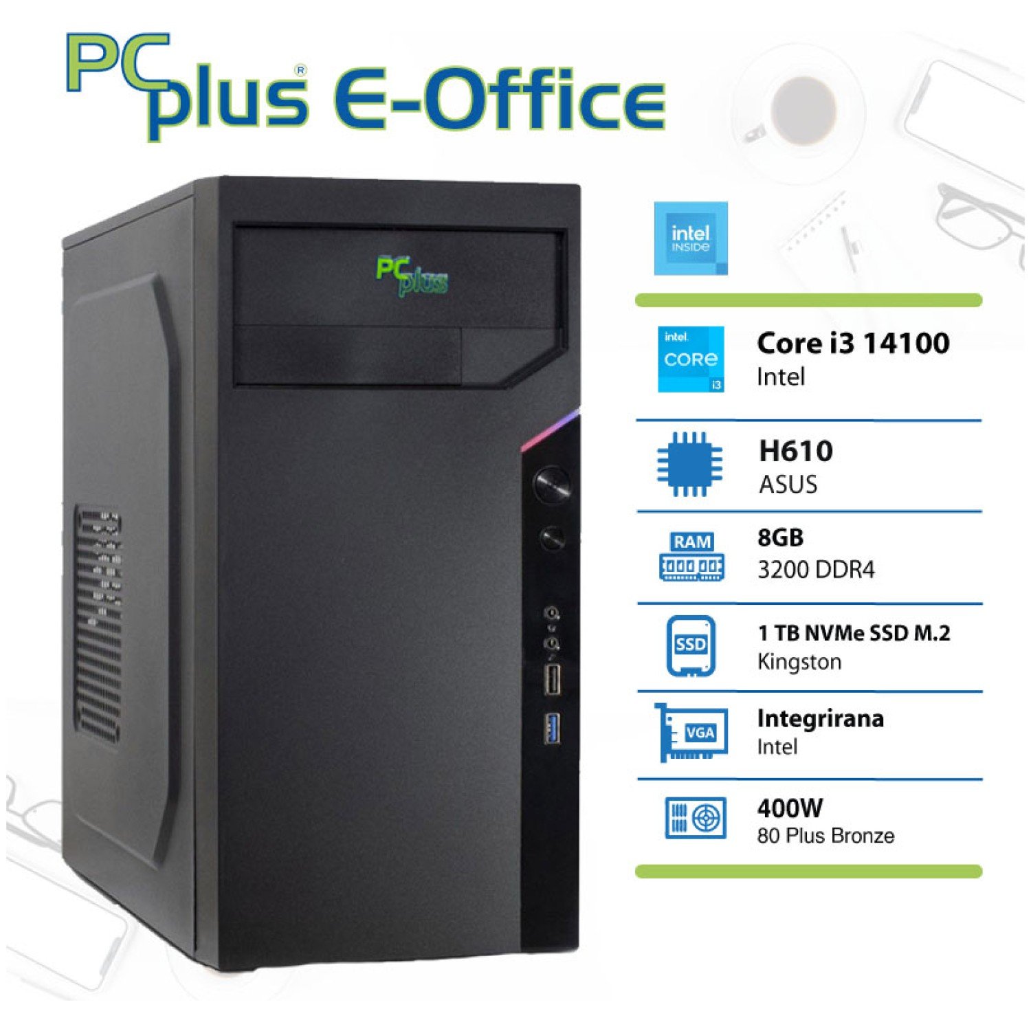 PCplus e-Office i3-14100 16GB 1TB NVMe SSD namizni računalnik