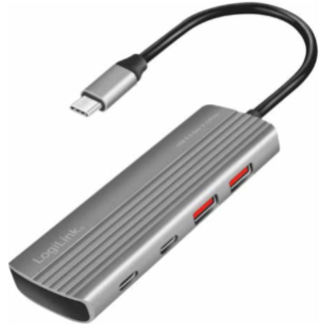 HUB USB-C => 2xUSB3.2 Gen2 tip A in 2xUSB-C3.2 Gen2 PD3.0 100W 10Gbps 20cm ALU ohišje space gray Logilink (UA0413)