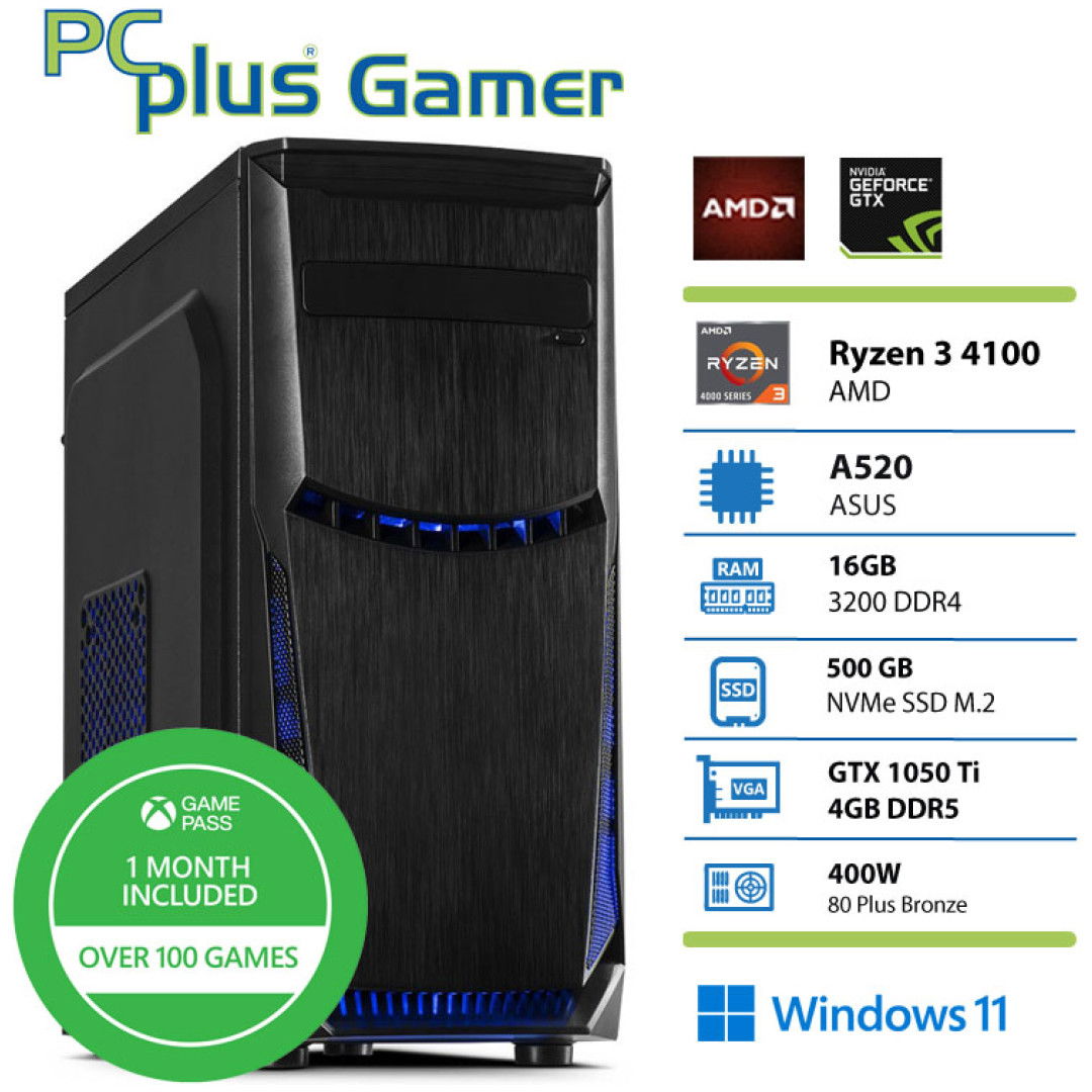 PCPLUS Gamer Ryzen 3 4100 16GB 500GB NVMe SSD GTX 1050 Ti Windows 11 namizni budget gaming računalnik + Xbox game pass