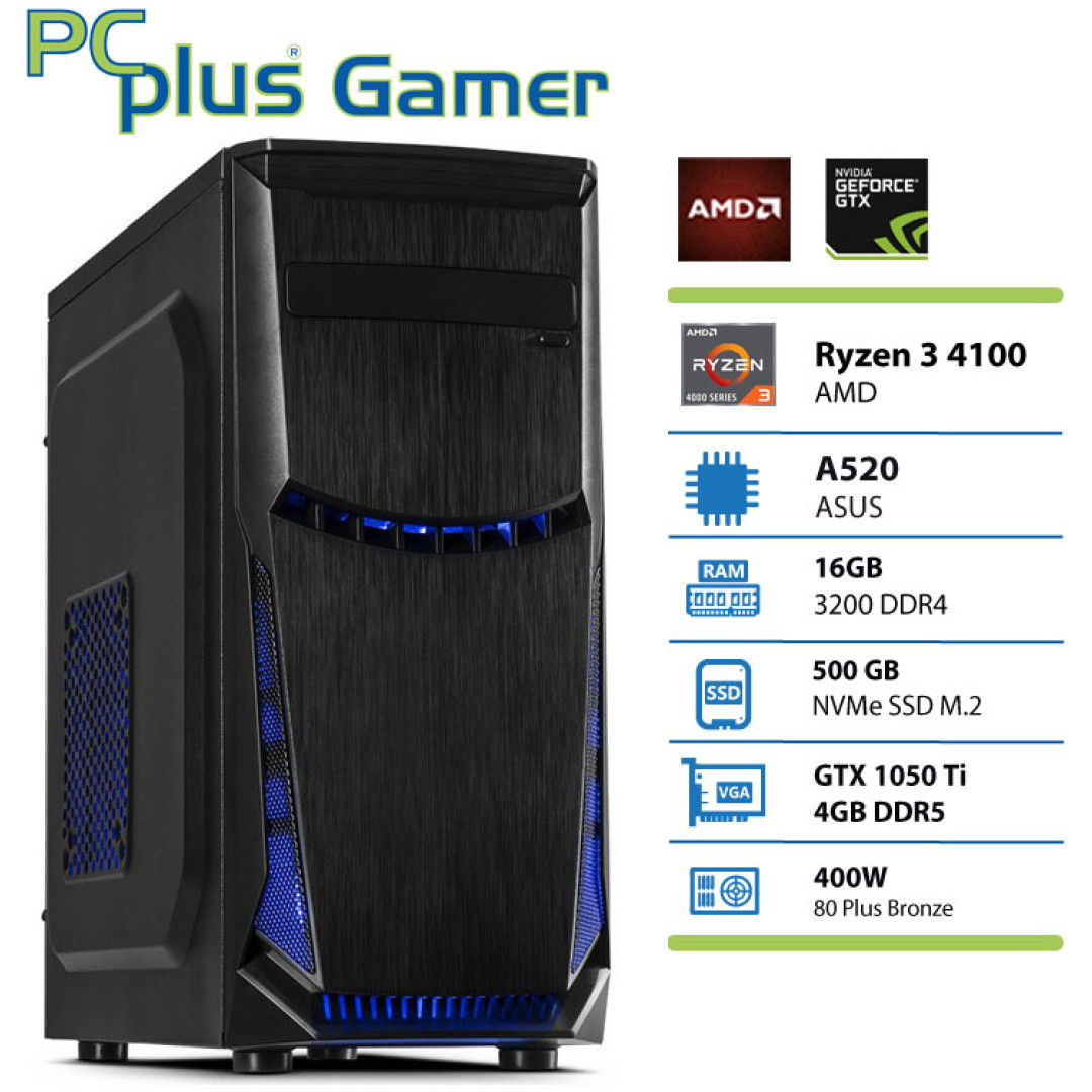 PCPLUS Gamer Ryzen 3 4100 16GB 500GB NVMe SSD GTX 1050 Ti namizni budget gaming računalnik