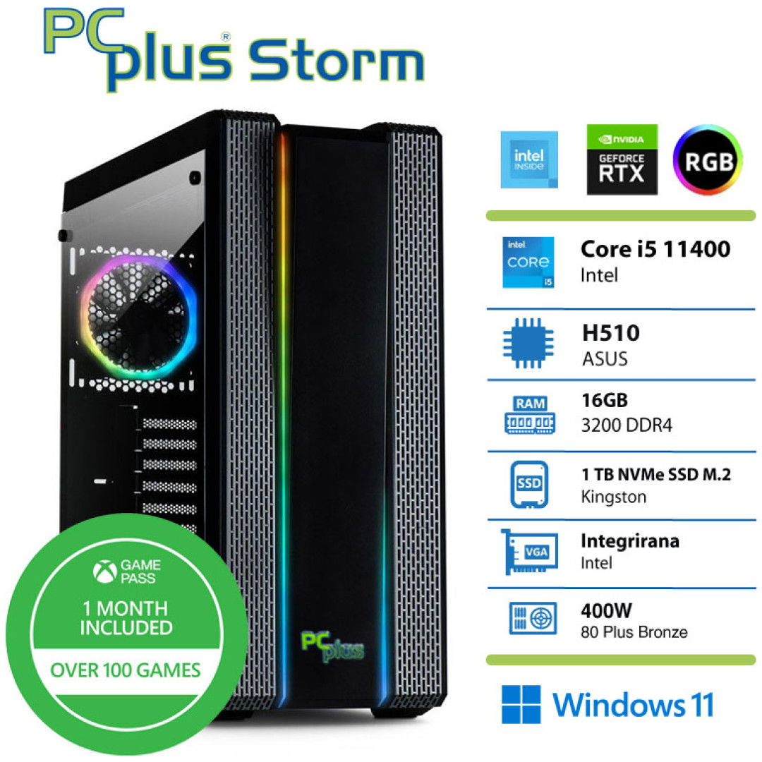 PCPLUS Storm i5-11400 16GB 1TB NVMe SSD GeForce RTX 3050 DDR6 6GB RGB Windows 11 gaming namizni računalnik + Xbox game pass