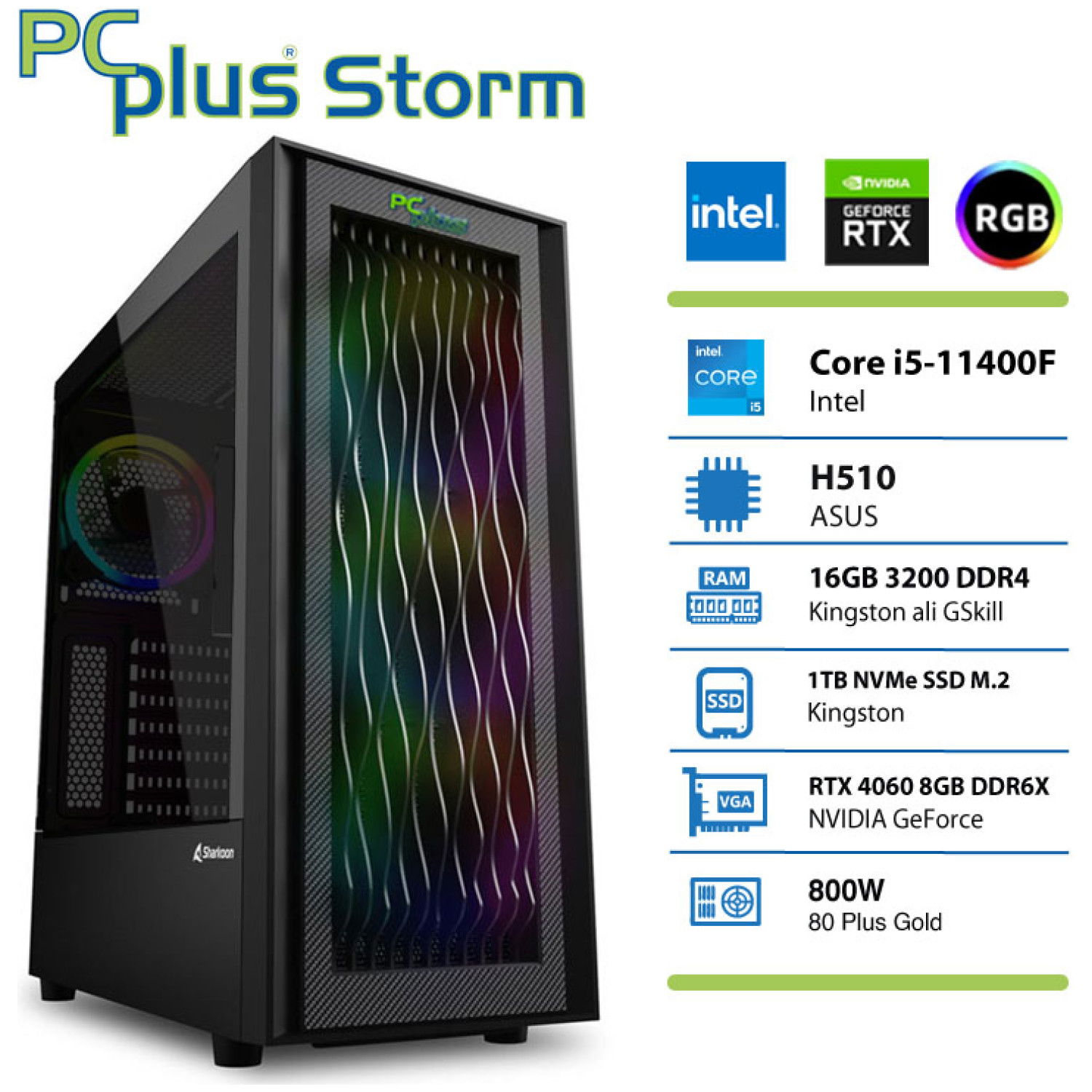 PCPLUS Storm i5-11400 16GB 1TB NVMe SSD GeForce RTX 4060 DDR6 8GB RGB gaming namizni