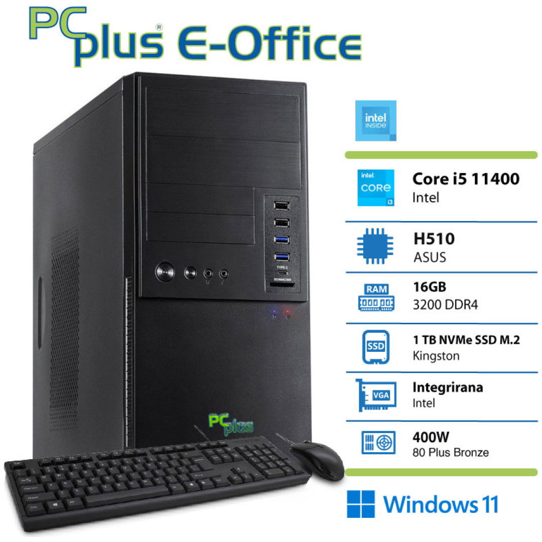 PCPLUS e-Office i5-11400 16GB 1TB NVMe SSD Windows 11 tipkovnica miška namizni računalnik