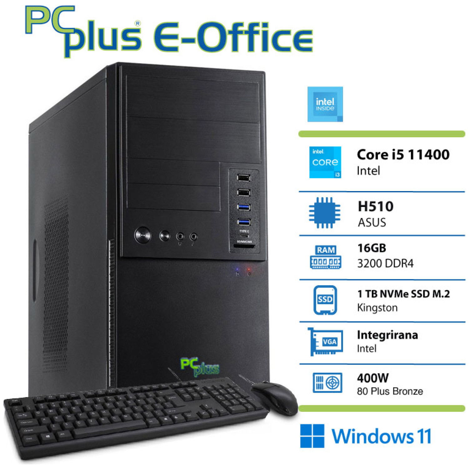 PCPLUS e-Office i5-11400 16GB 1TB NVMe SSD Windows 11 tipkovnica miška namizni računalnik