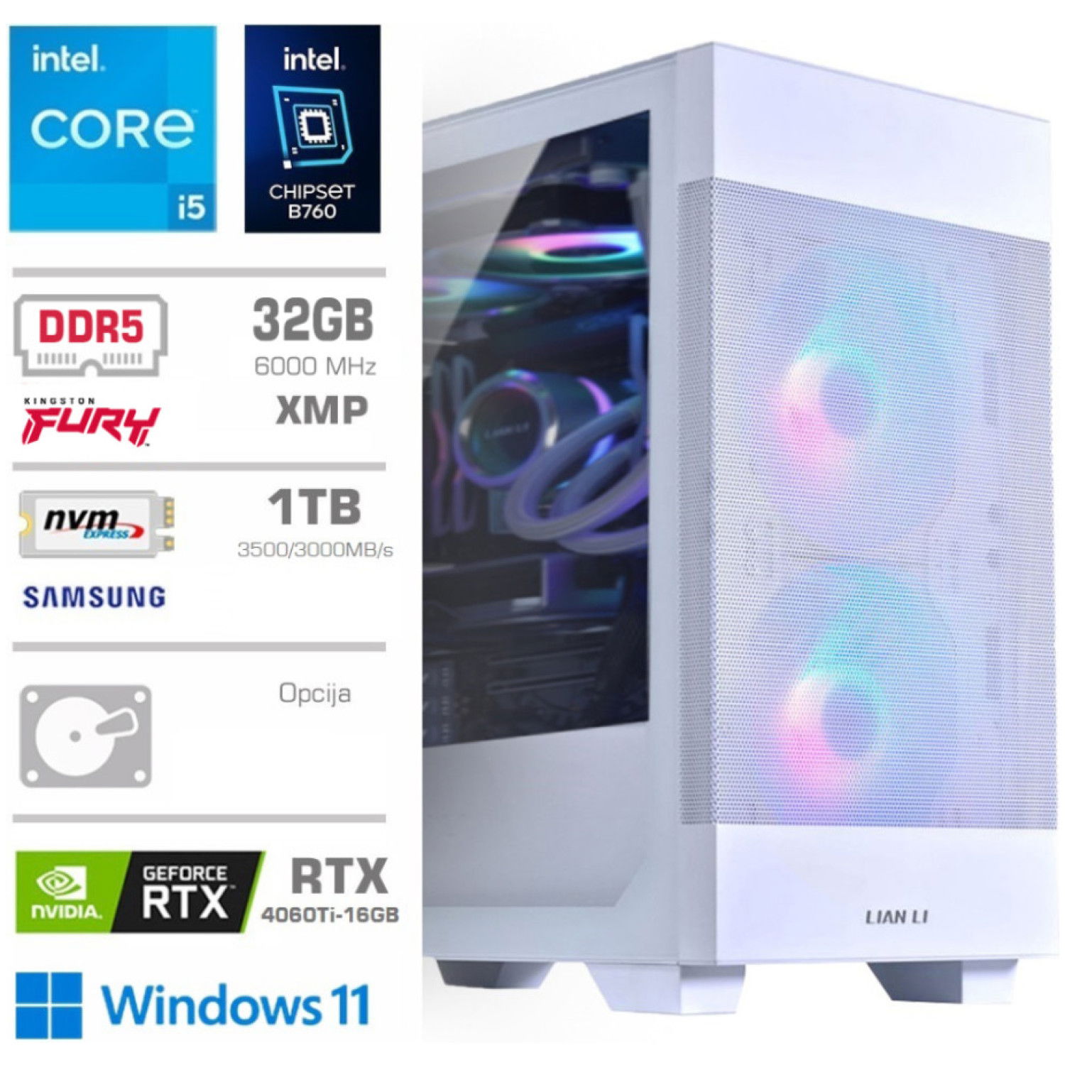 Računalnik MEGA MT S7X GAMER i5-13400F/RTX4060Ti-16GB/32GB-DDR5/1TB/750W/Win11Home/bela RGB