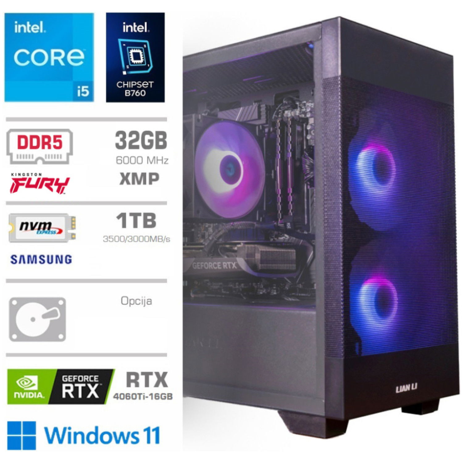 Računalnik MEGA MT S7X GAMER i5-13400F/RTX4060Ti-16GB/32GB-DDR5/1TB/750W/Win11Home/črna RGB