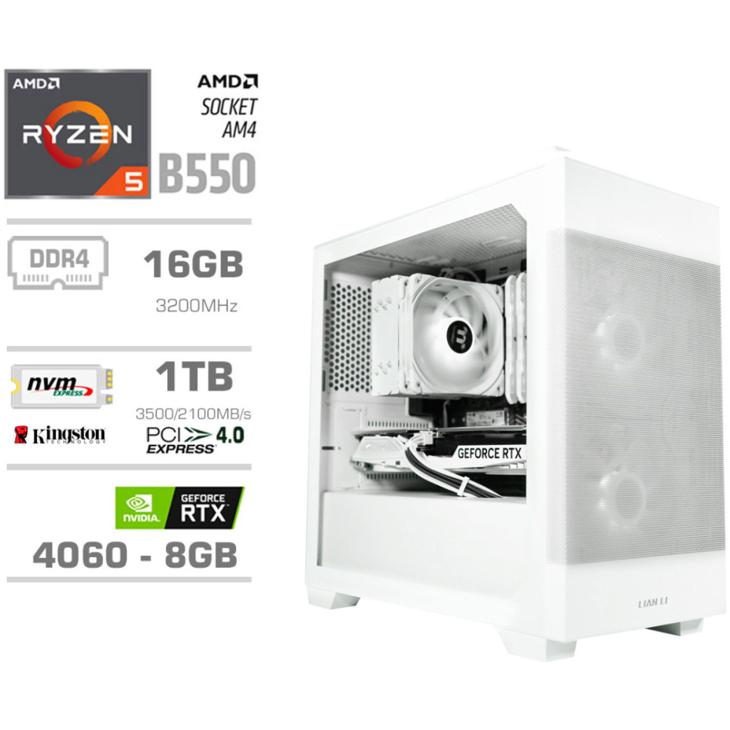 Računalnik MEGA MT S7X R5-5600X/RTX4060/16GB/1TB-4.0/750W/Brez OS/bela RGB + Estetski napajalni kabli