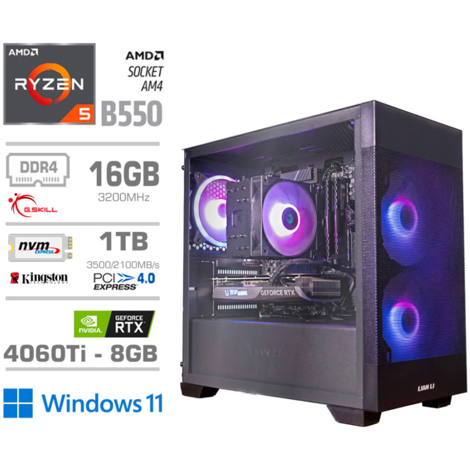 Računalnik MEGA MT S7X R5-5600X/RTX4060Ti-8GB/16GB/1TB-4.0/750W/Win11Home/črna RGB