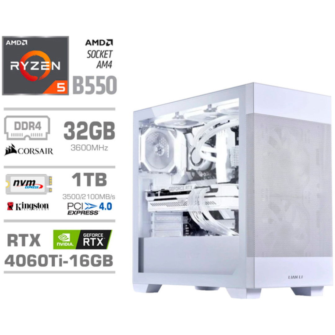 Računalnik MEGA MT S7X R5-5600X/RTX4060Ti/32GB/1TB-4.0/750W/Brez OS/bela RGB