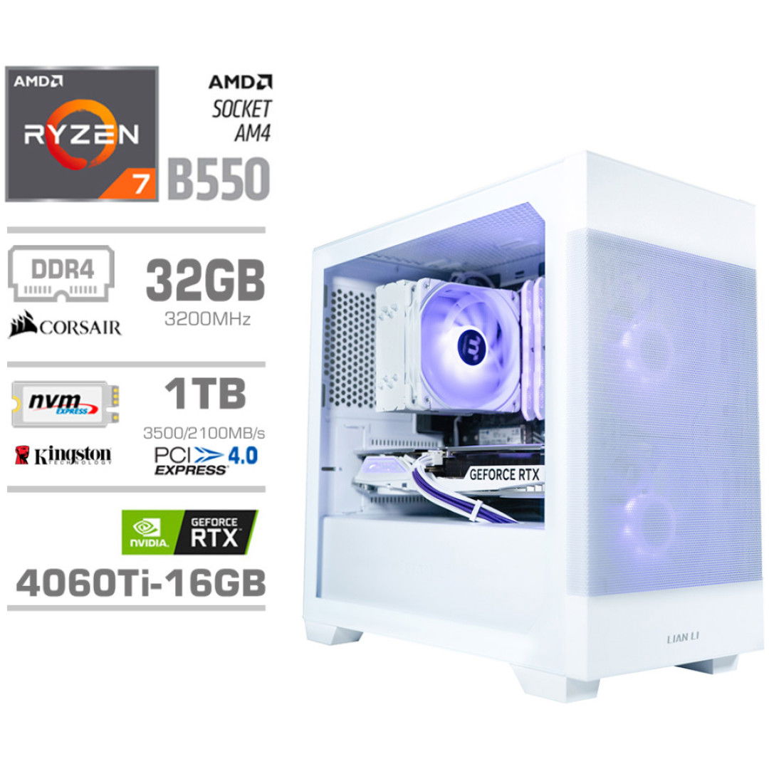 Računalnik MEGA MT S7X R7-5700X/RTX4060Ti-16GB/32GB/1TB-4.0/750W/Brez OS/bela RGB + Estetski napajalni kabli