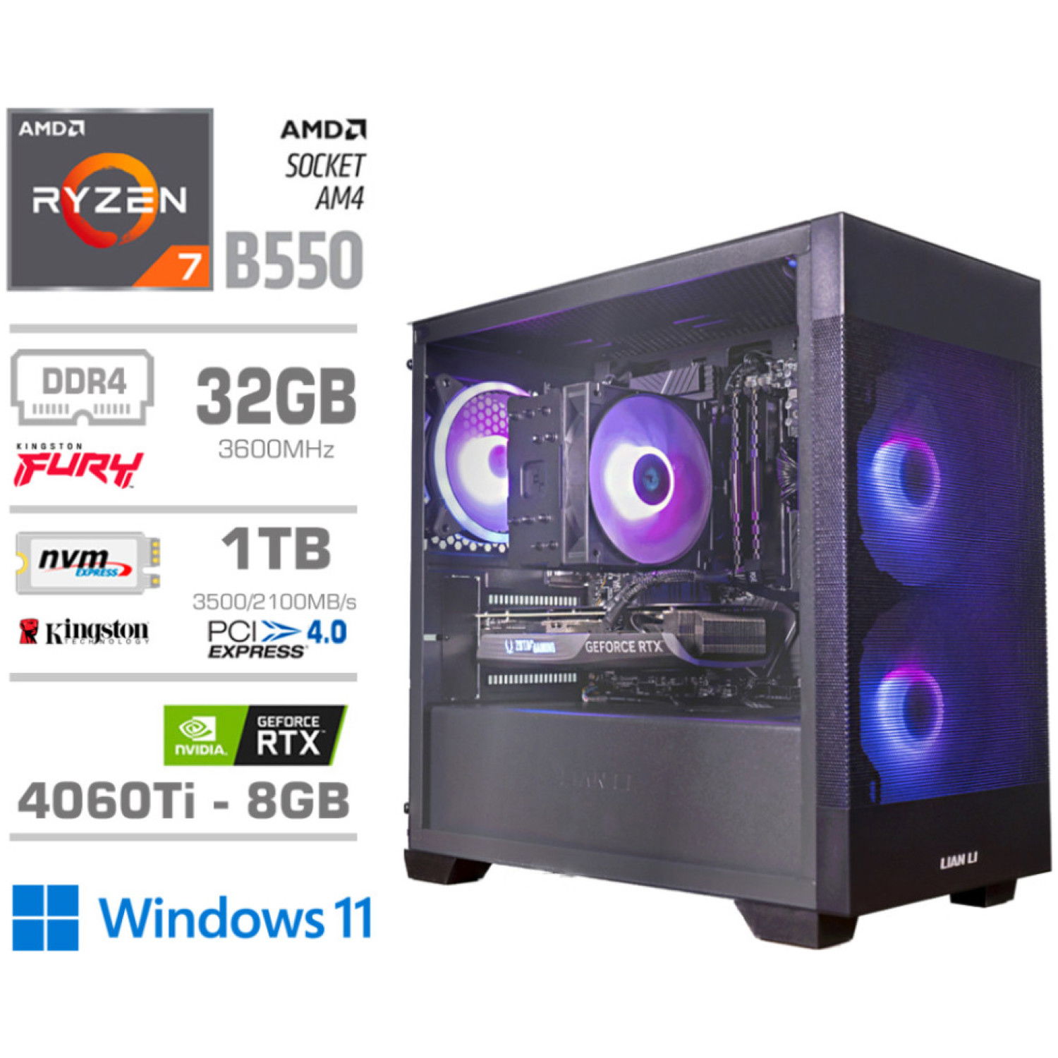 Računalnik MEGA MT S7X R7-5700X/RTX4060Ti-8GB/32GB/1TB-4.0/750W/Win11Home/črna RGB