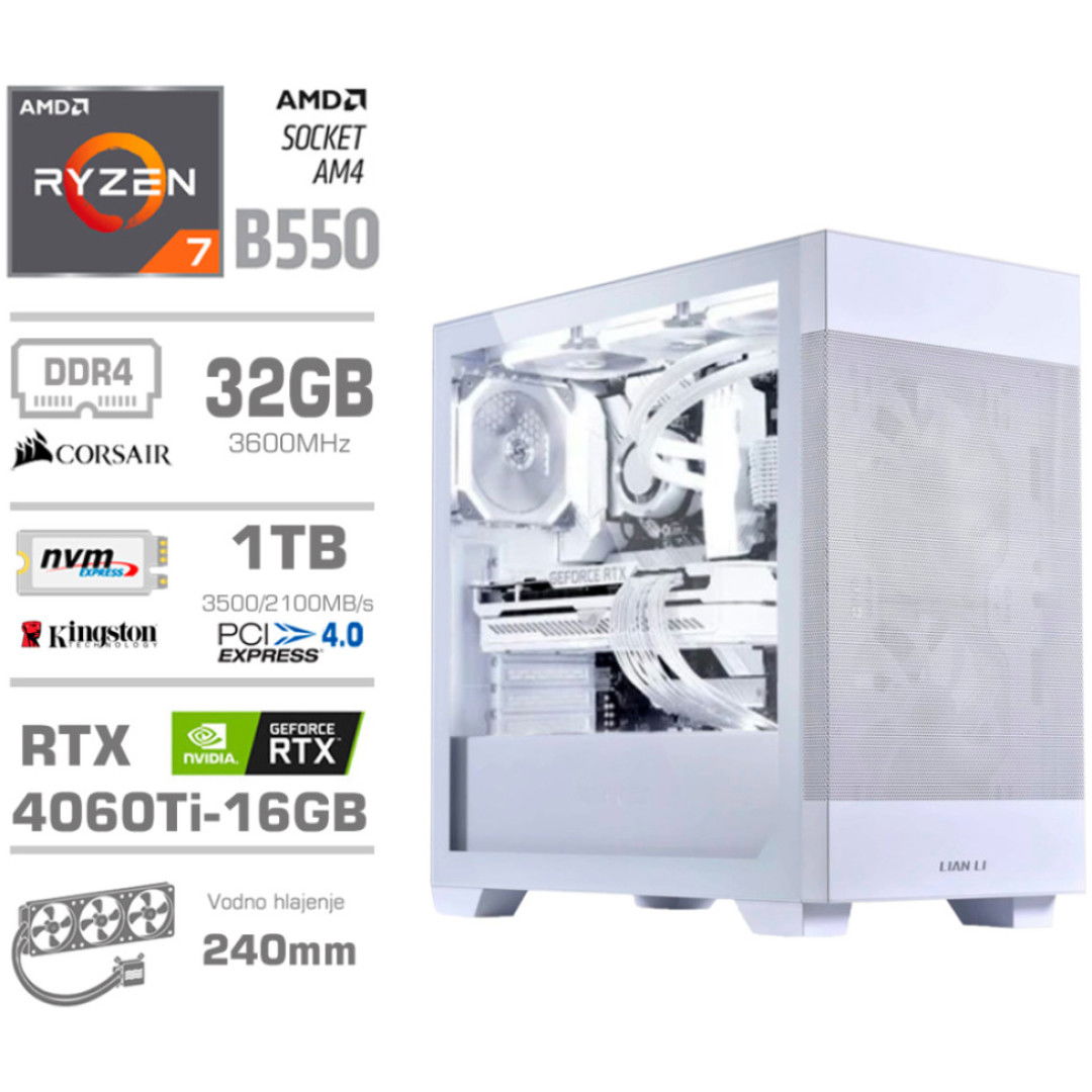 Računalnik MEGA MT S7X R7-5700X/RTX4060Ti/32GB/1TB-4.0/750W/Brez OS/bela RGB