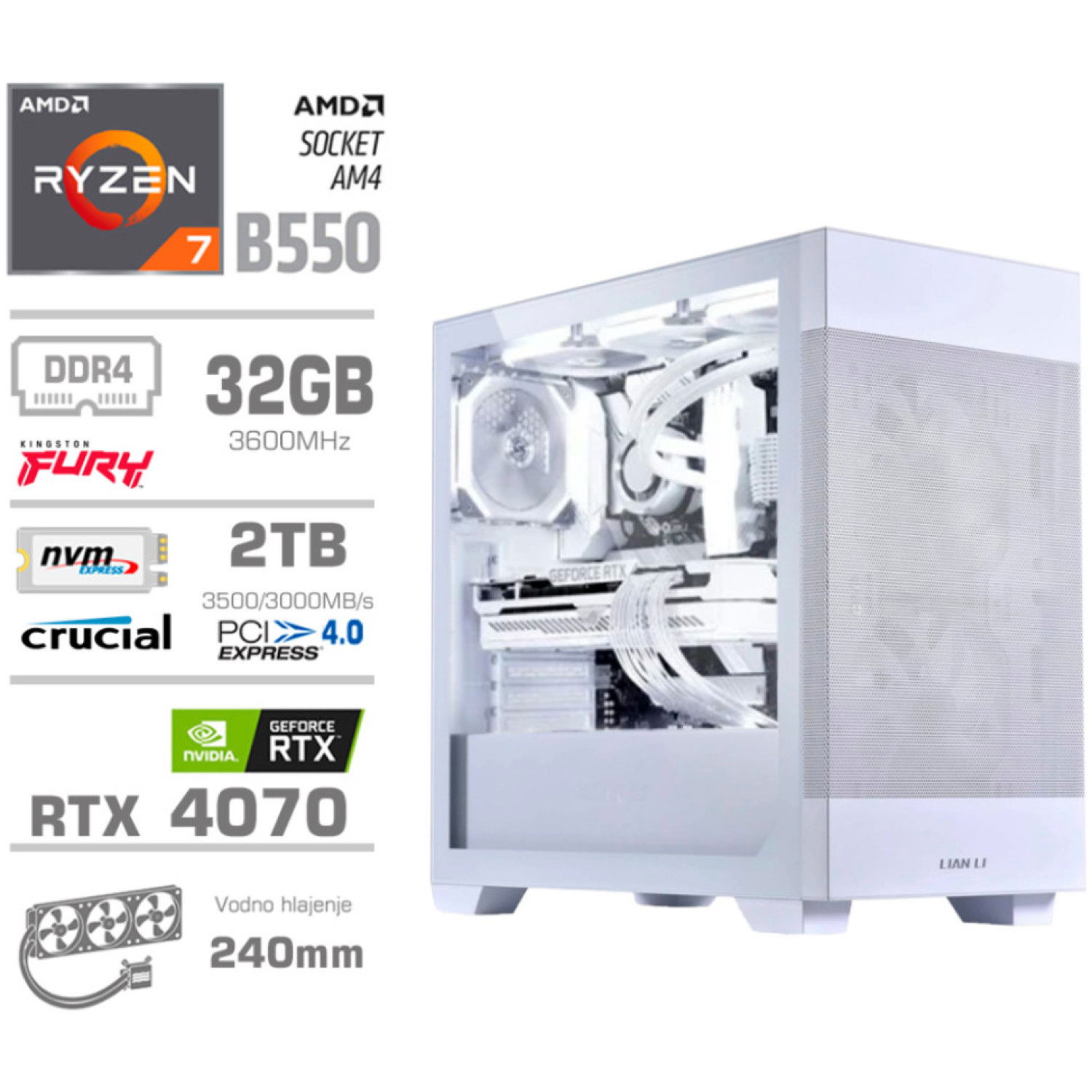 Računalnik MEGA MT S7X R7-5700X/RTX4070/32GB/1TB-4.0/750W/Brez OS/bela RGB