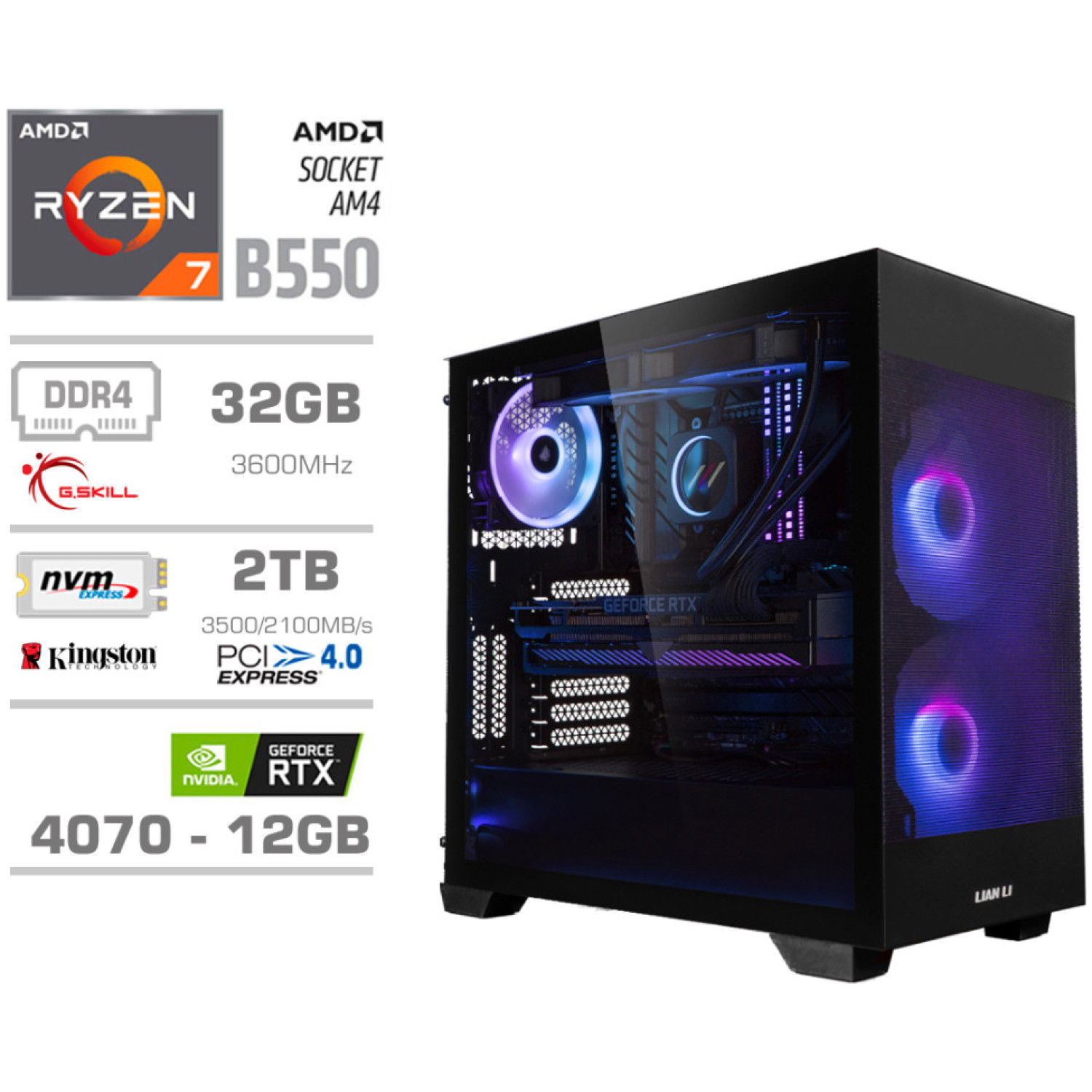 Računalnik MEGA MT S7X R7-5800X/RTX4070/32GB/2TB-4.0/750W/Brez OS/črna RGB + Estetski napajalni kabli