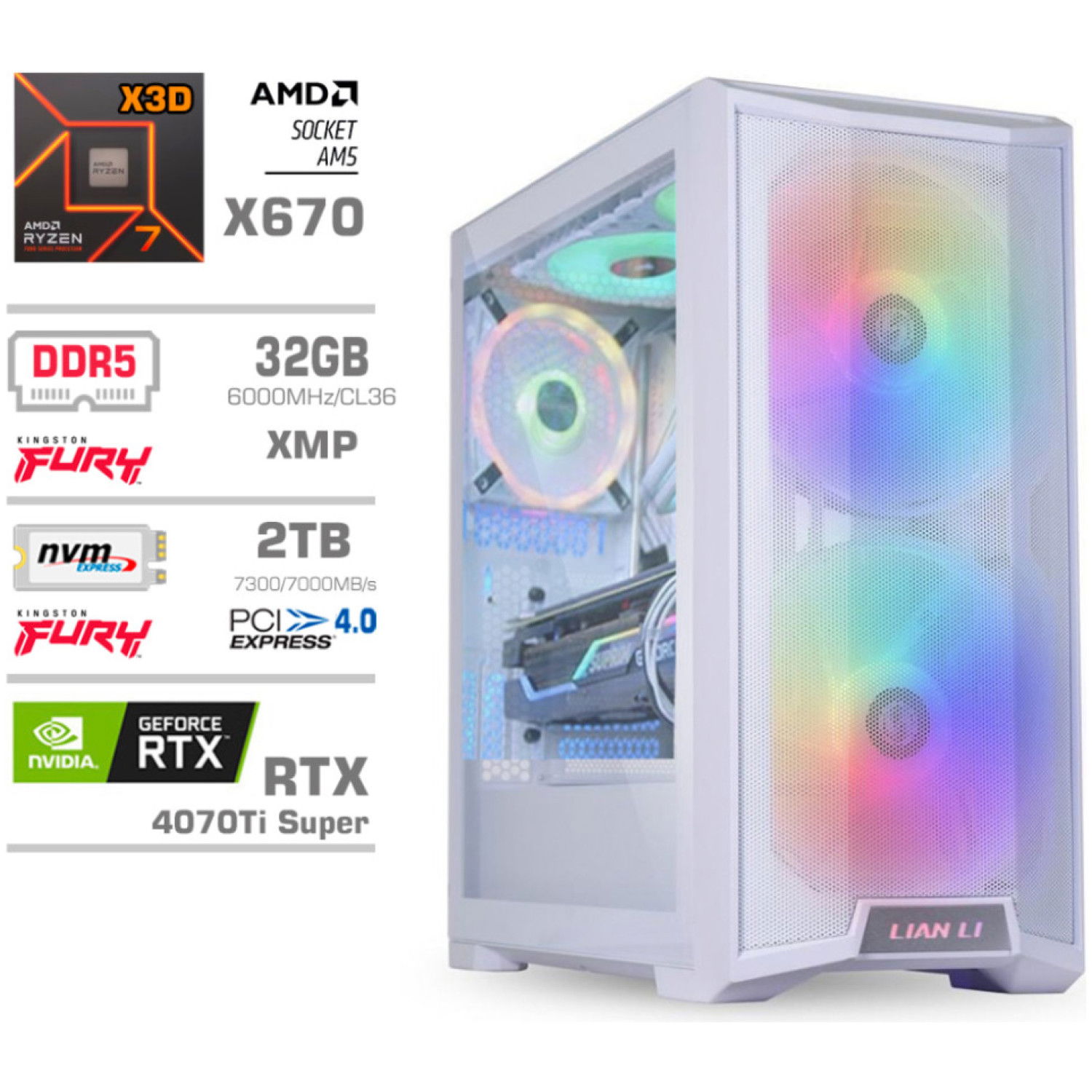 Računalnik MEGA TWR S10 R7-7800X3D/RTX4070Ti Super/32GB-DDR5/2TB-4.0/1000W/Brez OS/bela RGB