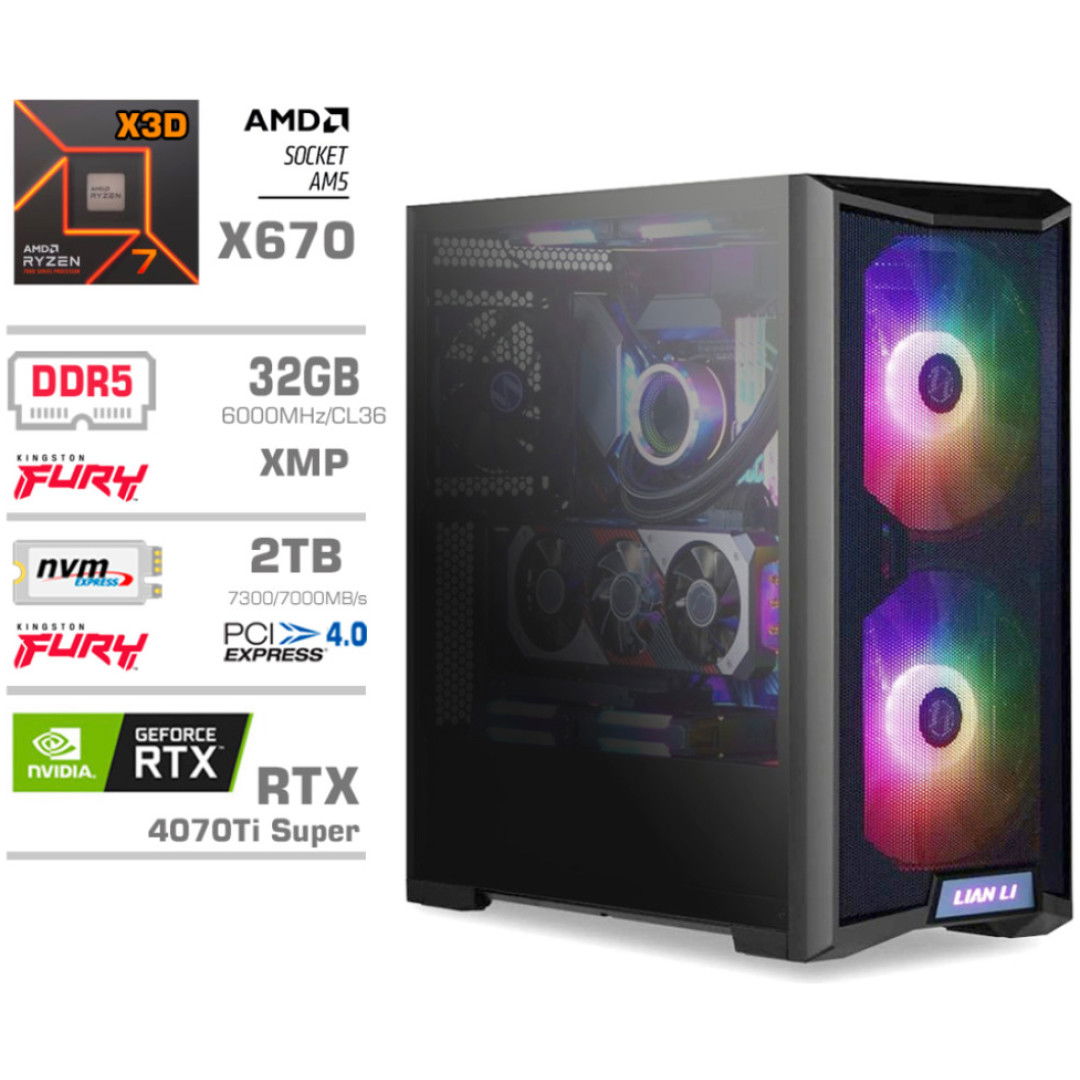 Računalnik MEGA TWR S10 R7-7800X3D/RTX4070Ti Super/32GB-DDR5/2TB-4.0/1000W/Brez OS/črna RGB