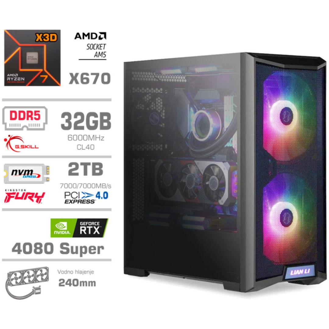 Računalnik MEGA TWR S10 R7-7800X3D/RTX4080 Super/32GB-DDR5/2TB-4.0/1000W/Brez OS/črna RGB