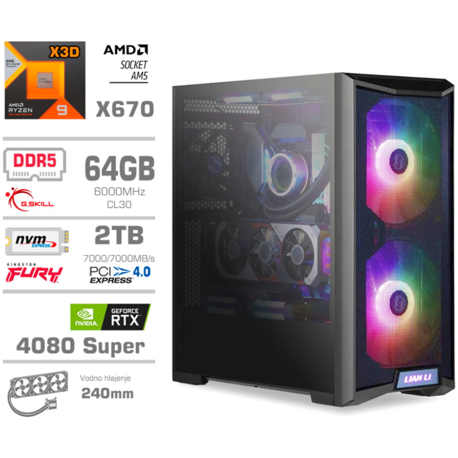 Računalnik MEGA TWR S10 R9-7900X3D/RTX4080 Super/64GB-DDR5/2TB-4.0/1000W/Brez OS/črna RGB