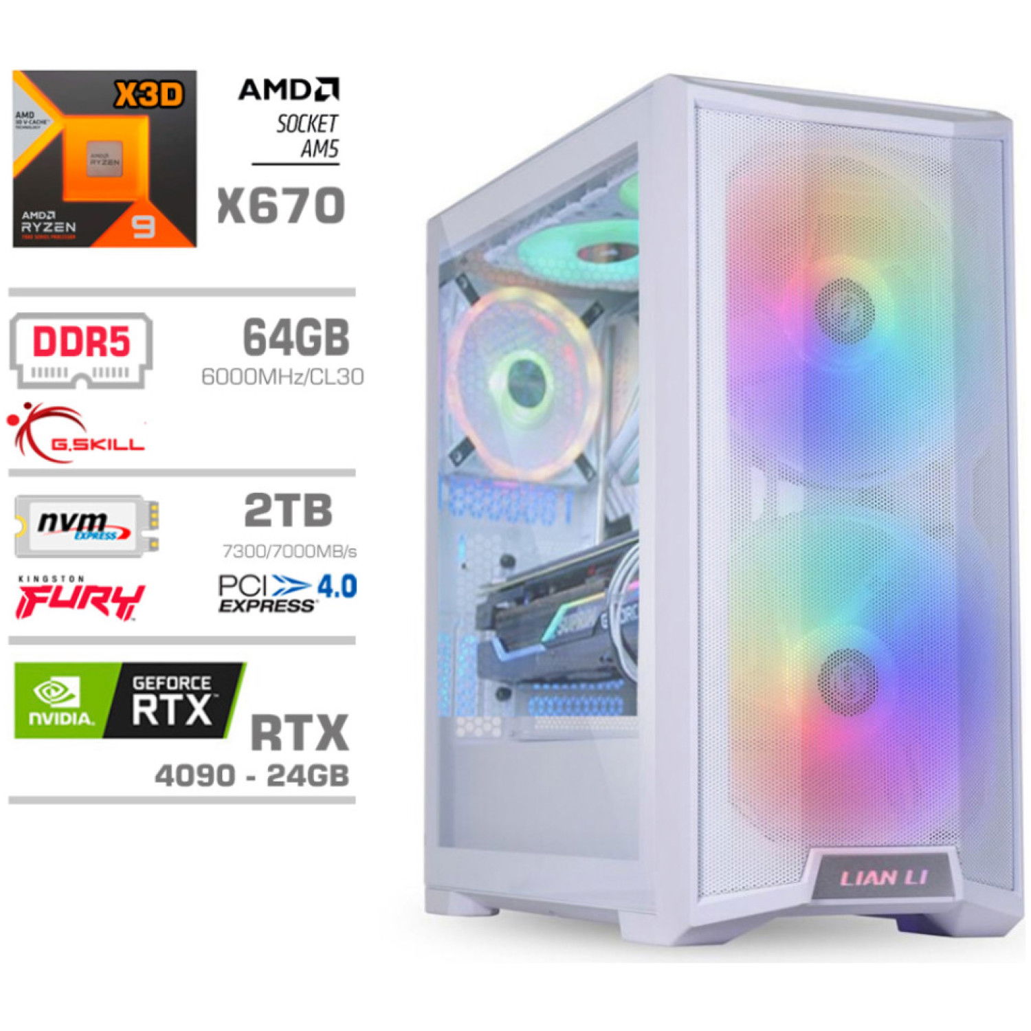 Računalnik MEGA TWR S10 R9-7900X3D/RTX4090/64GB-DDR5/2TB-4.0/1000W/Brez OS/bela RGB