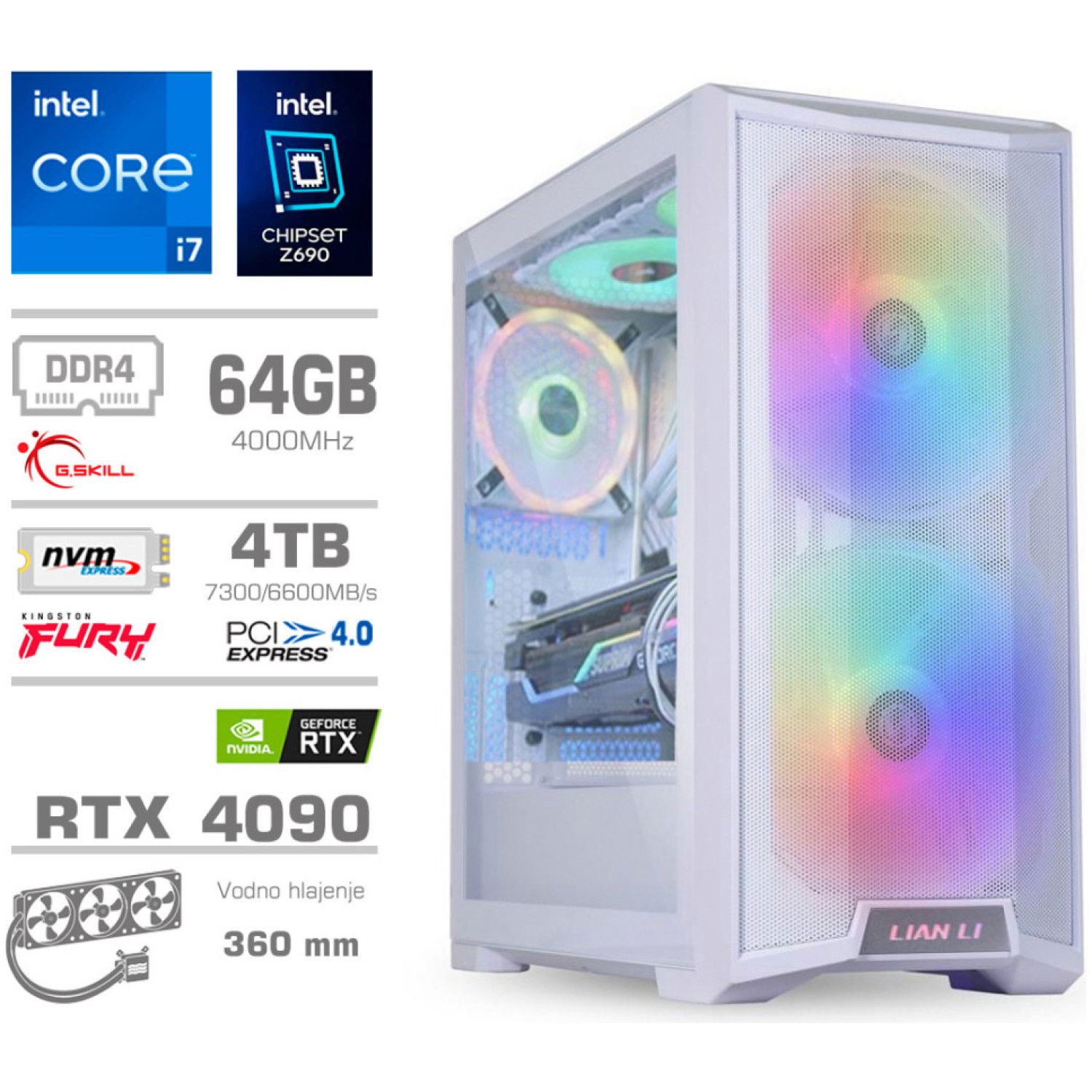 Računalnik MEGA TWR S10 i7-12700K/RTX4090/64GB/4TB-4.0/1000W/Brez OS/bela RGB