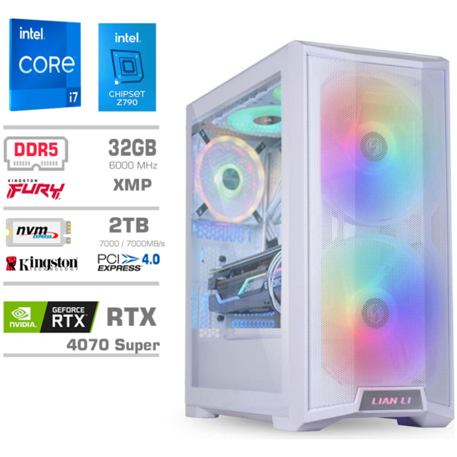 Računalnik MEGA TWR S10 i7-14700F/RTX4070 Super/32GB-DDR5/2TB-4.0/1000W/Brez OS/bela RGB