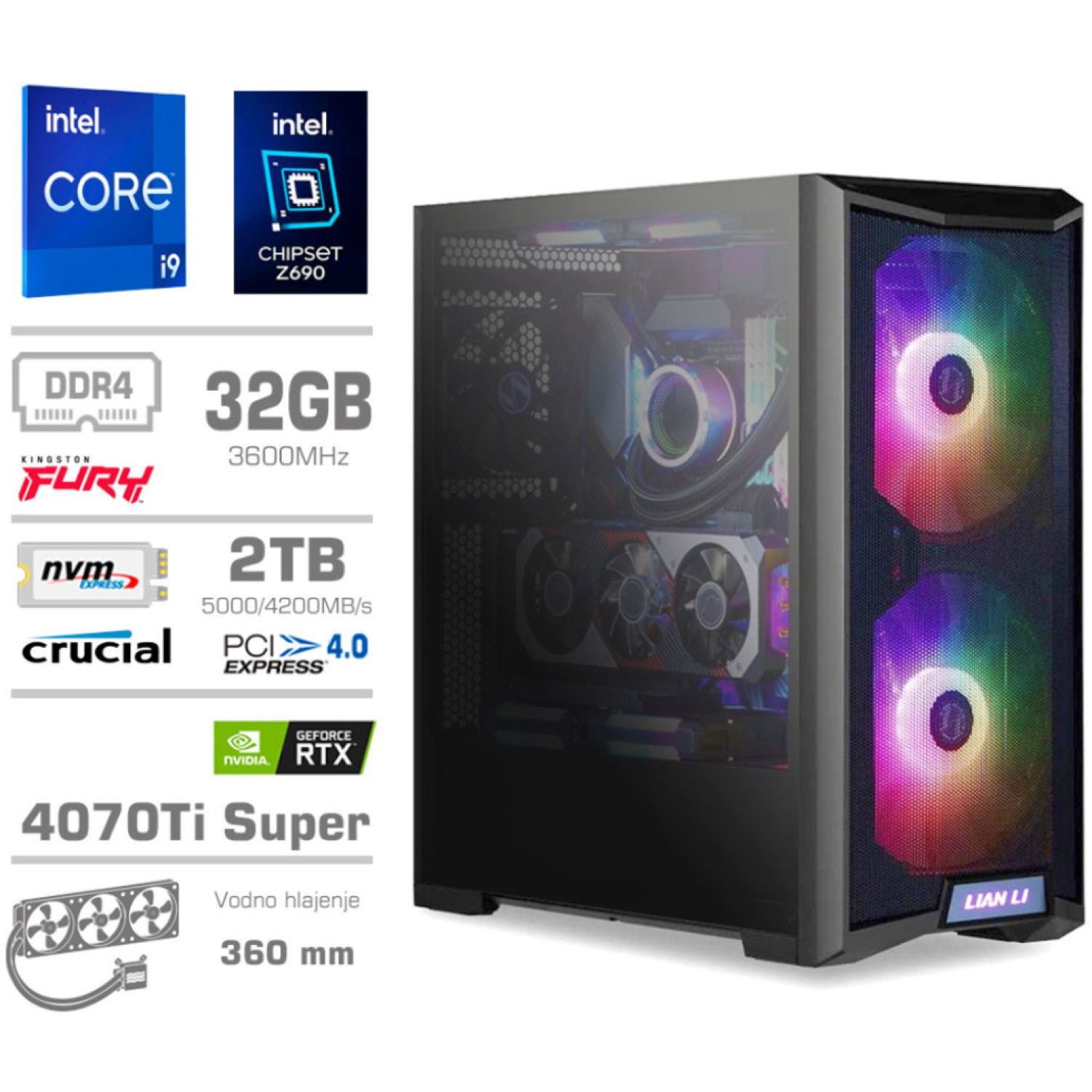 Računalnik MEGA TWR S10 i9-13900K/RTX4070Ti Super/32GB/2TB-4.0/1000W/Brez OS/črna RGB