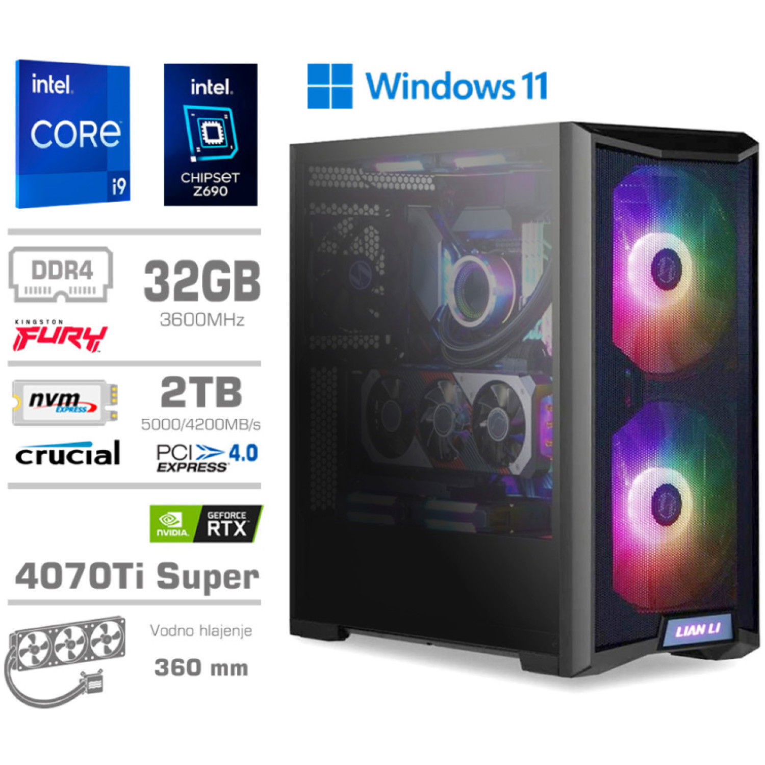 Računalnik MEGA TWR S10 i9-13900K/RTX4070Ti Super/32GB/2TB-4.0/1000W/Win11Home/črna RGB