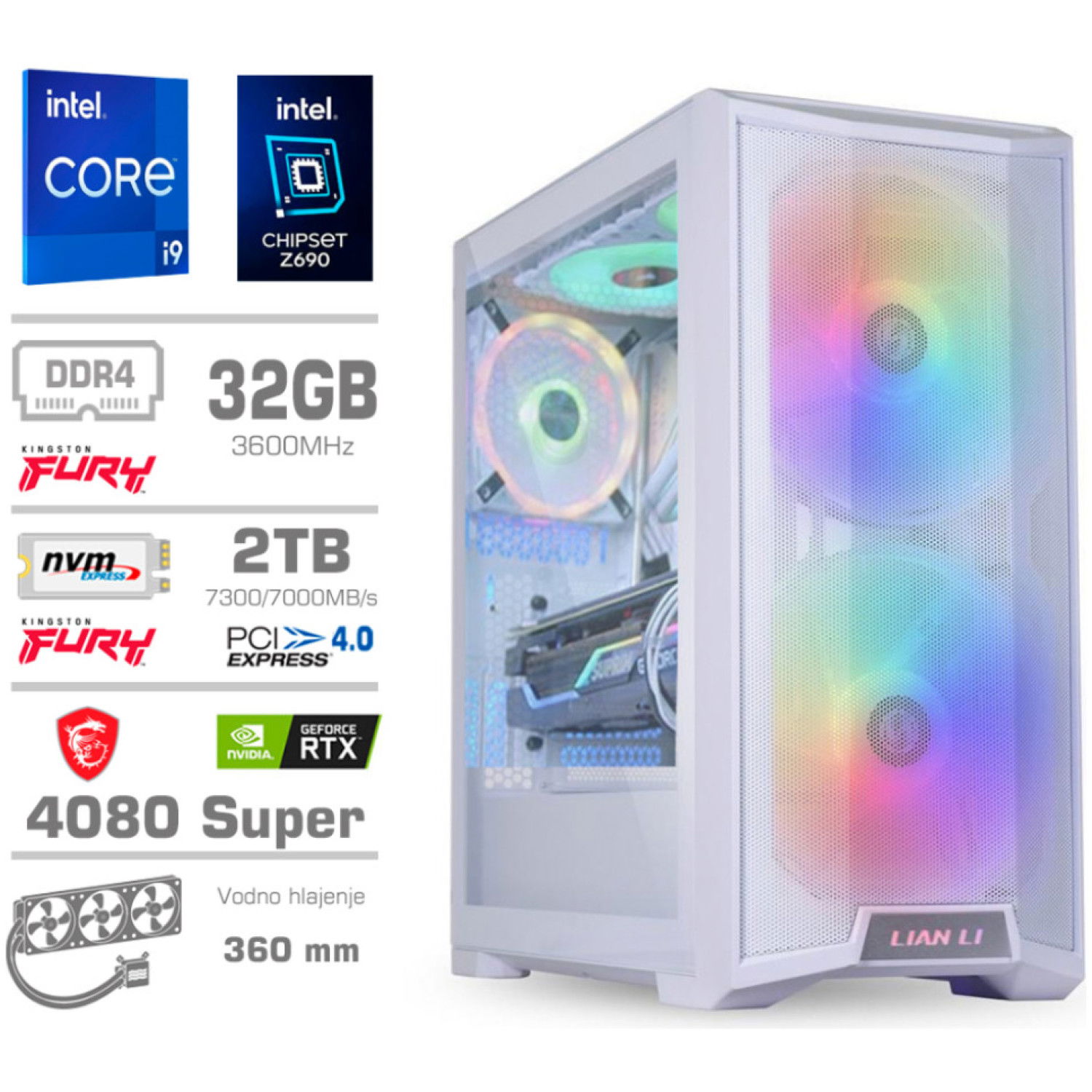 Računalnik MEGA TWR S10 i9-13900K/RTX4080 Super/32GB/2TB-4.0/-/1000W/Brez OS/bela RGB