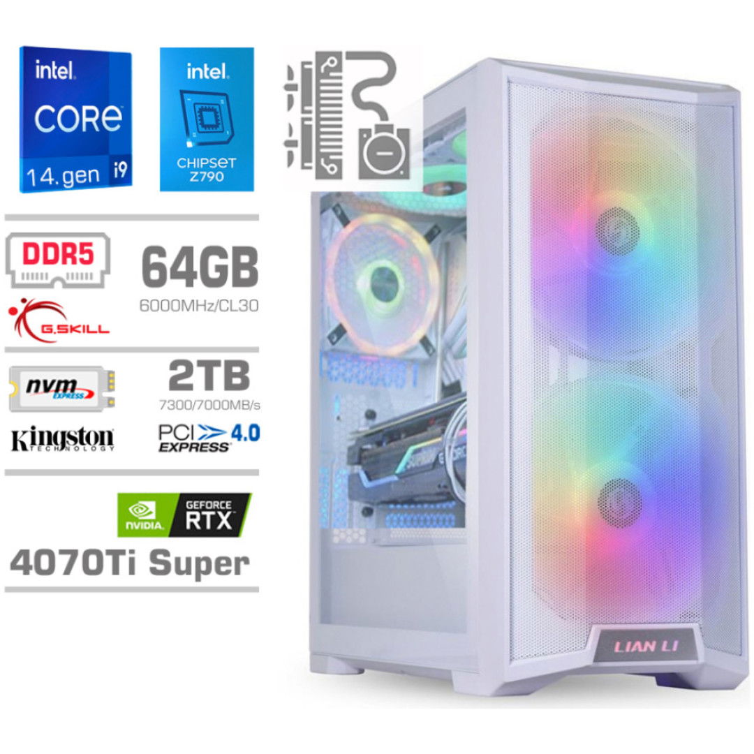 Računalnik MEGA TWR S10 i9-14900KF/RTX4070Ti Super/64GB-DDR5/2TB-4.0/1000W/Brez OS/bela RGB