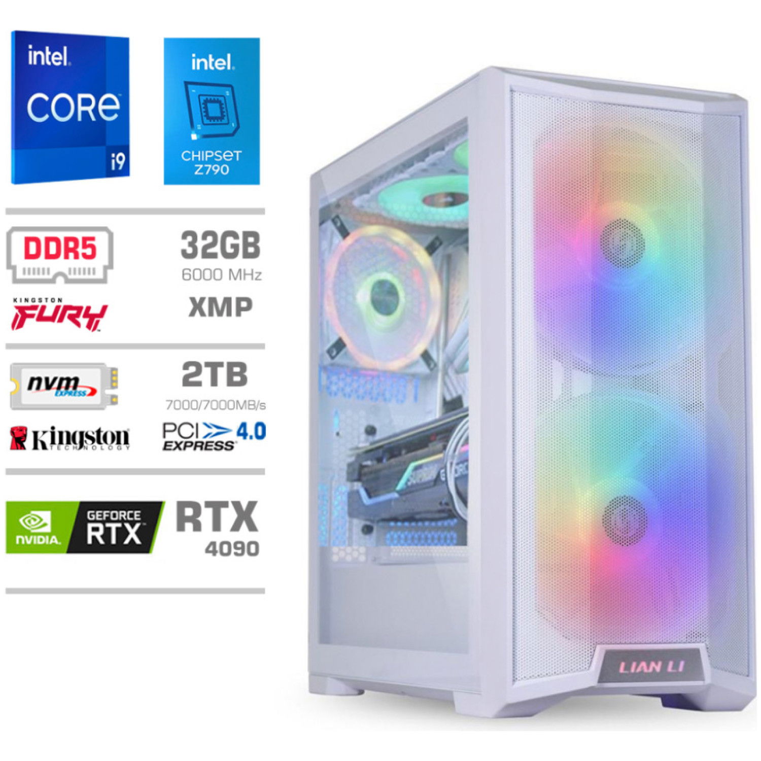 Računalnik MEGA TWR S10 i9-14900K/RTX4090/32GB-DDR5/2TB-4.0/1000W/Brez OS/bela RGB