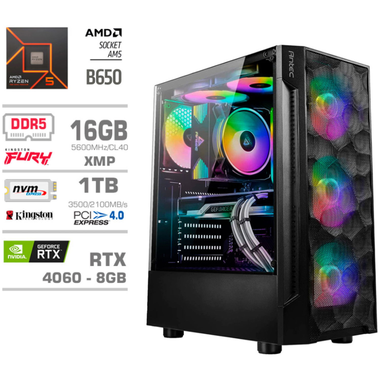 Računalnik MEGA TWR S7 R5-7600/RTX4060-8GB/16GB-DDR5/1TB-4.0/750W/Brez OS RGB