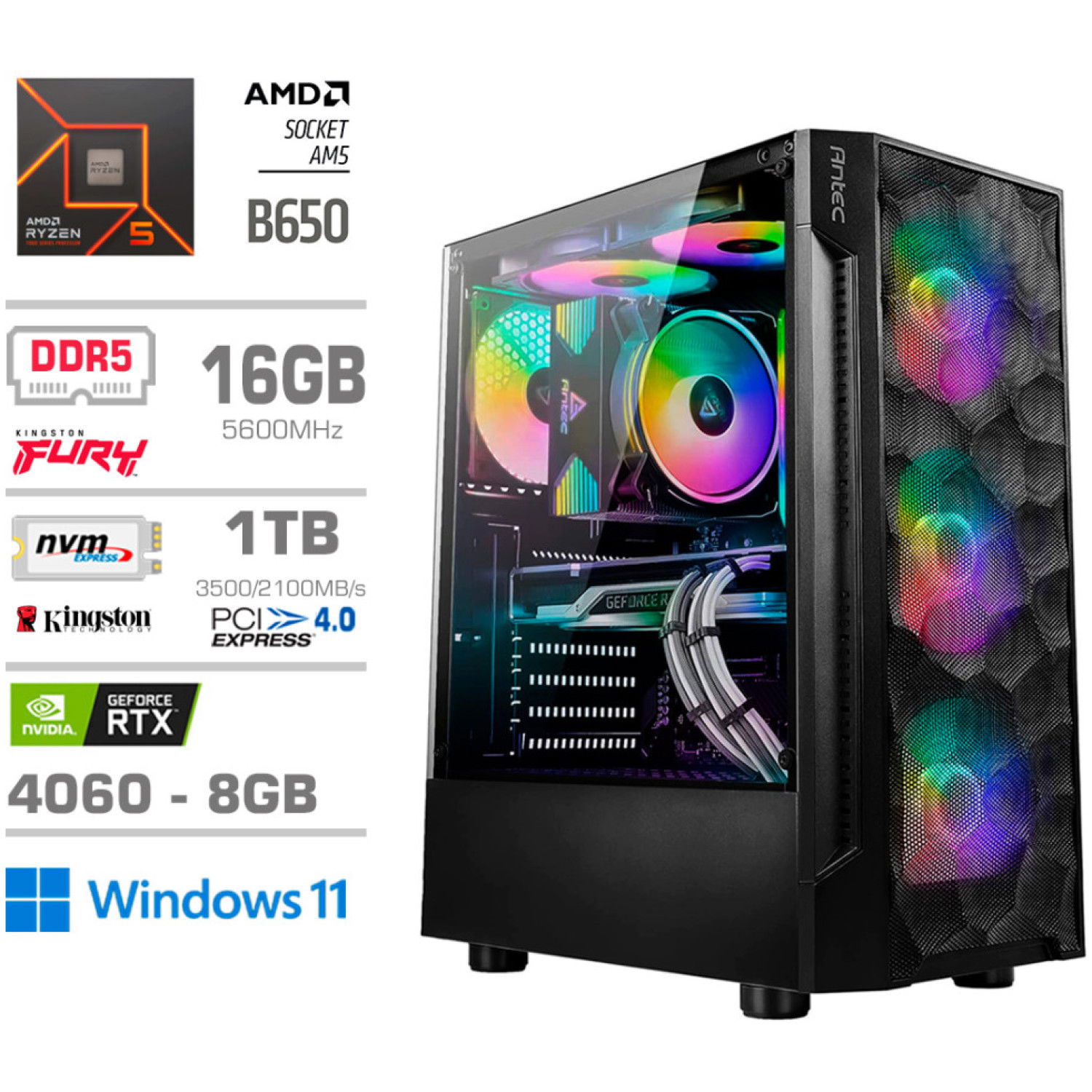 Računalnik MEGA TWR S7 R5-8500G/RTX4060-8GB/16GB-DDR5/1TB-4.0/750W/Win11Home RGB