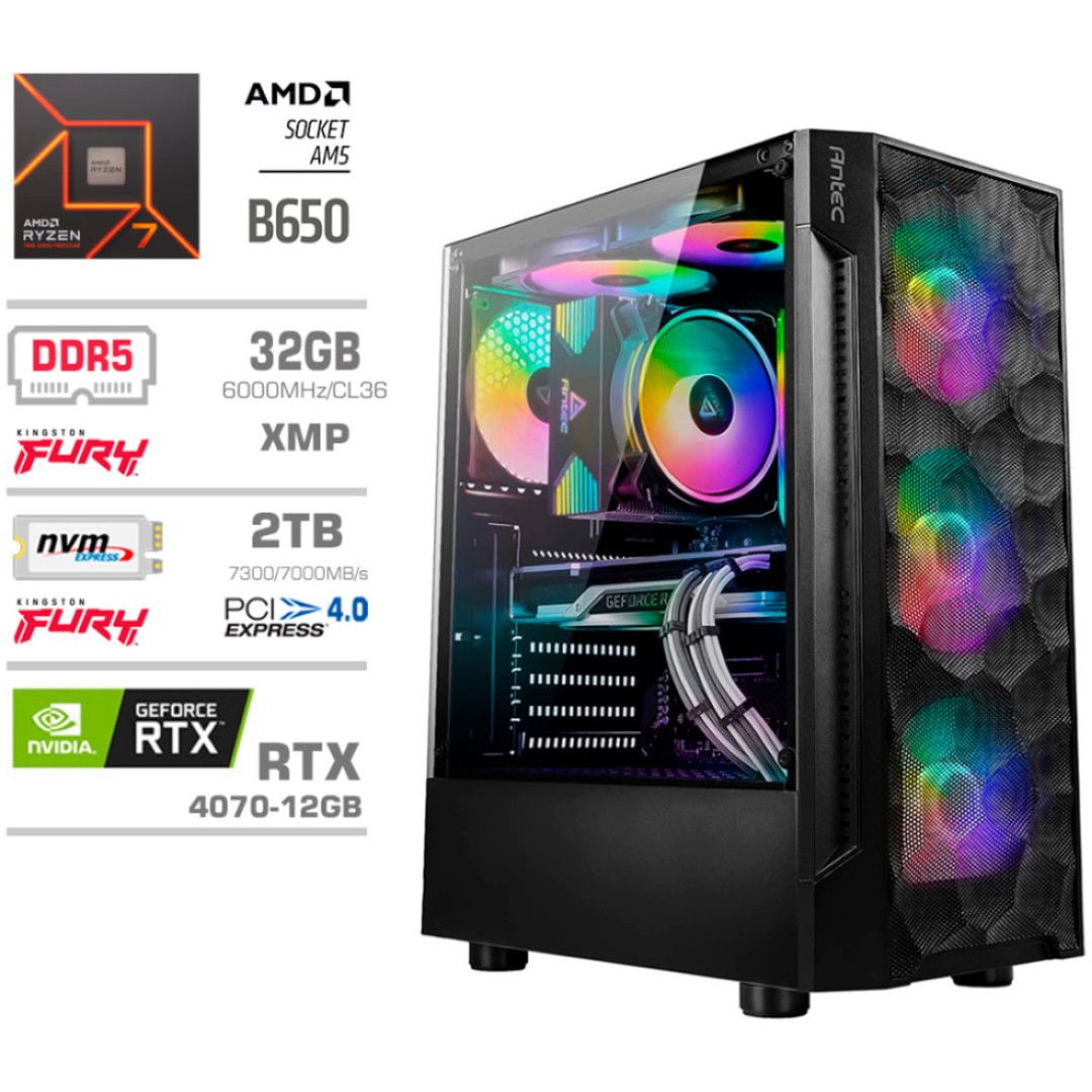 Računalnik MEGA TWR S7 R7-7700/RTX4070/32GB-DDR5/2TB-4.0/750W/Brez OS RGB