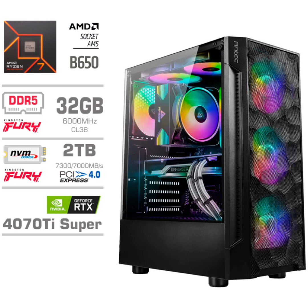 Računalnik MEGA TWR S7 R7-7700X/RTX4070Ti Super/32GB-DDR5/2TB-4.0/750W/Brez OS RGB