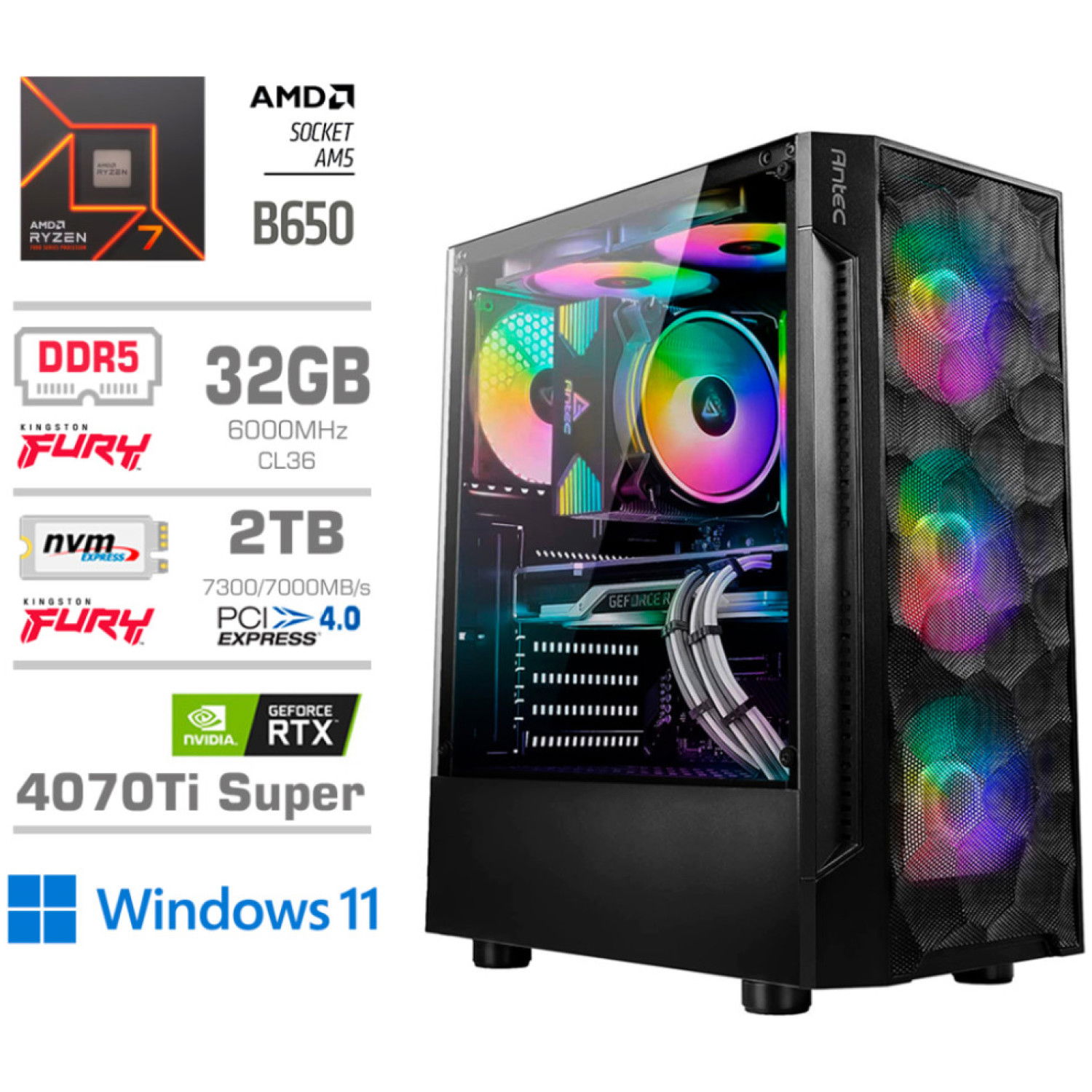 Računalnik MEGA TWR S7 R7-7700X/RTX4070Ti Super/32GB-DDR5/2TB-4.0/750W/Win11Home RGB