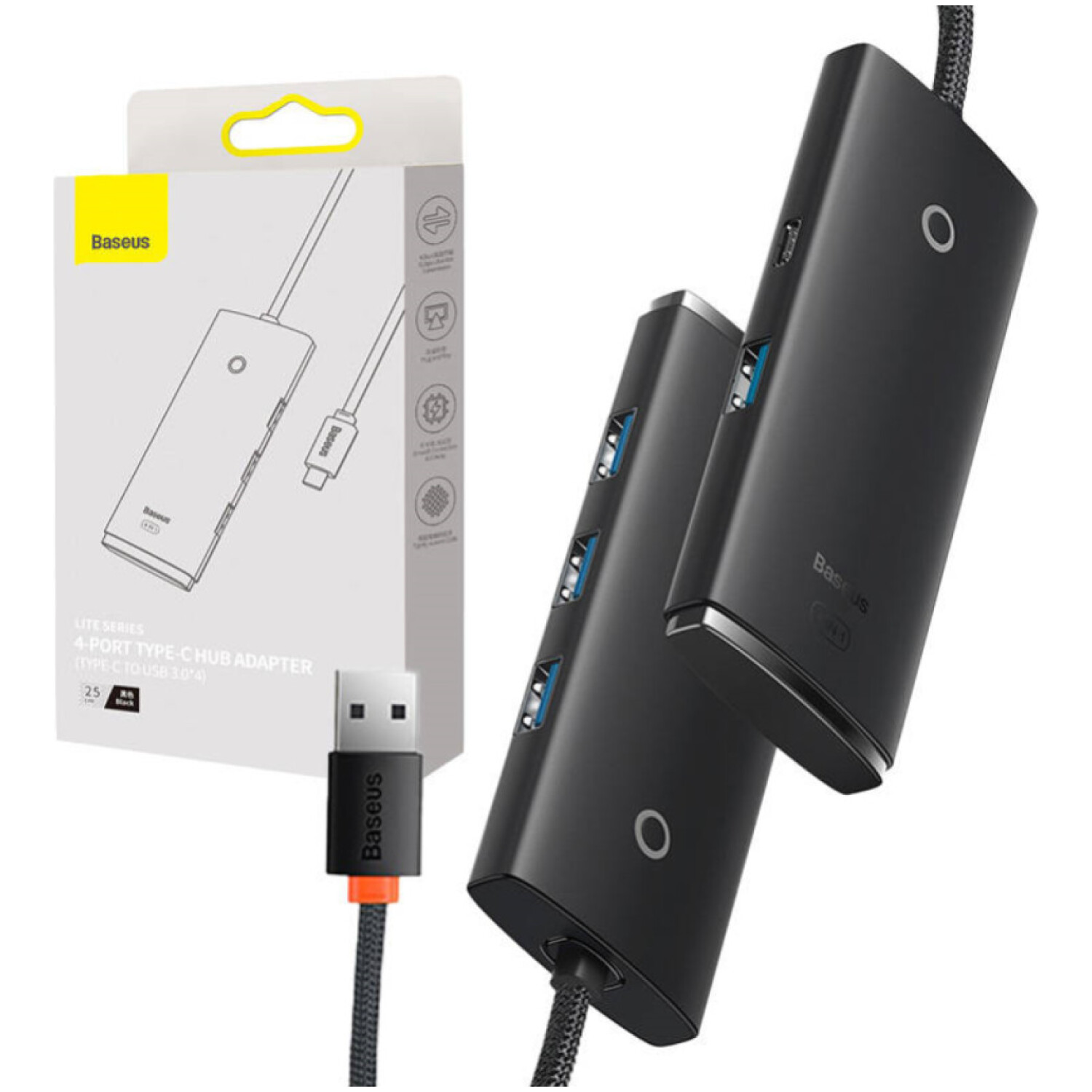 HUB USB-C => 4xUSB-A3.0 1xUSB-C 5V/3A samo za napajanje Baseus OS-Lite črn 25cm (WKQX080101)