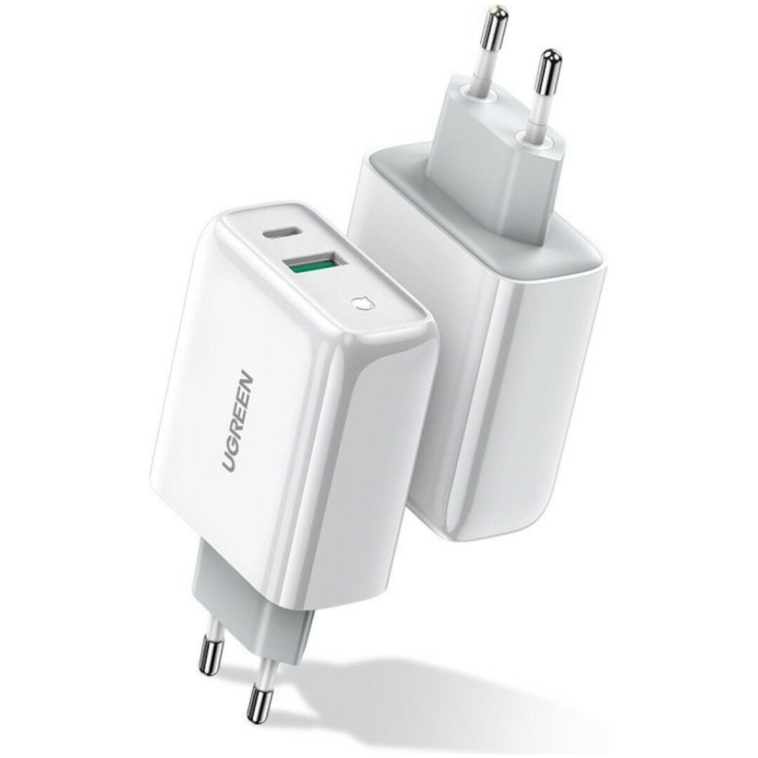 Hišni polnilec 100-240V => 1x USB-A (ž) 1x USB-C 36W za mobilni telefon ali tablični računalnik Ugreen PD3 + QC3 - bel (60468O)