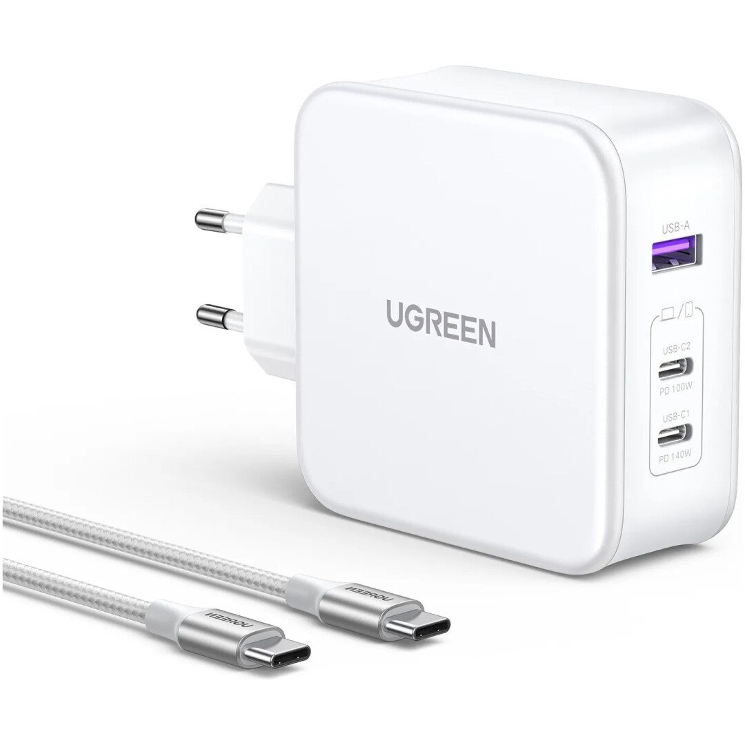 Hišni polnilec 100-240V => 1x USB-A (ž) 2x USB-C 140W GaN PD 3.1 Nexode Charger Ugreen CD289 bel (15339)