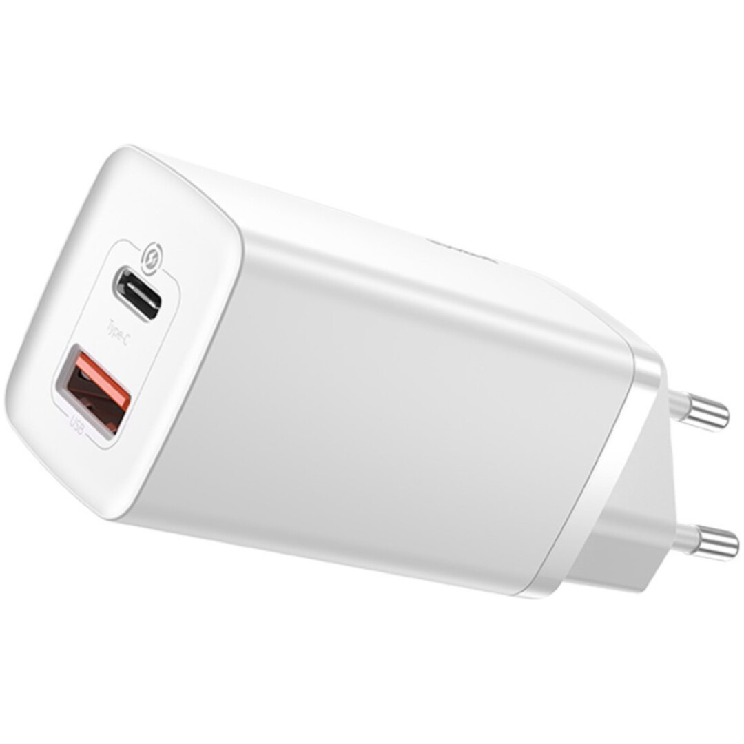 Hišni polnilec 100-240V => 1x USB-C in 1x USB-A 65W za mobilni telefon ali tablični računalnik Baseus GaN2 Lite PD3 + QC4 + SCP - bel (CCGAN2L-B02)