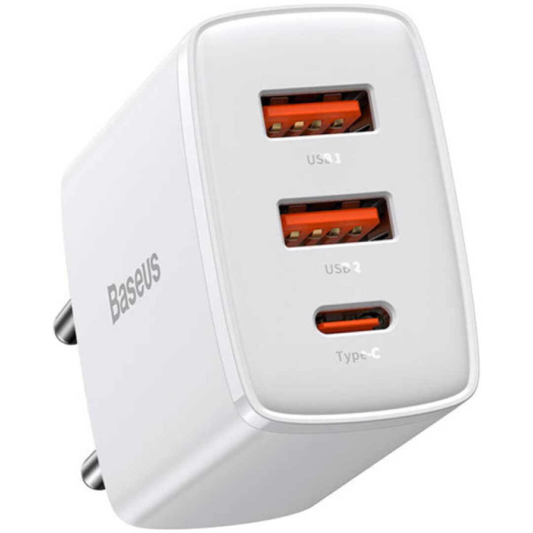 Hišni polnilec 100-240V => 2x USB-A (ž) 1x USB-C 30W za mobilni telefon ali tablični računalnik Baseus PD3 + QC3 - bel (CCXJ-E02)