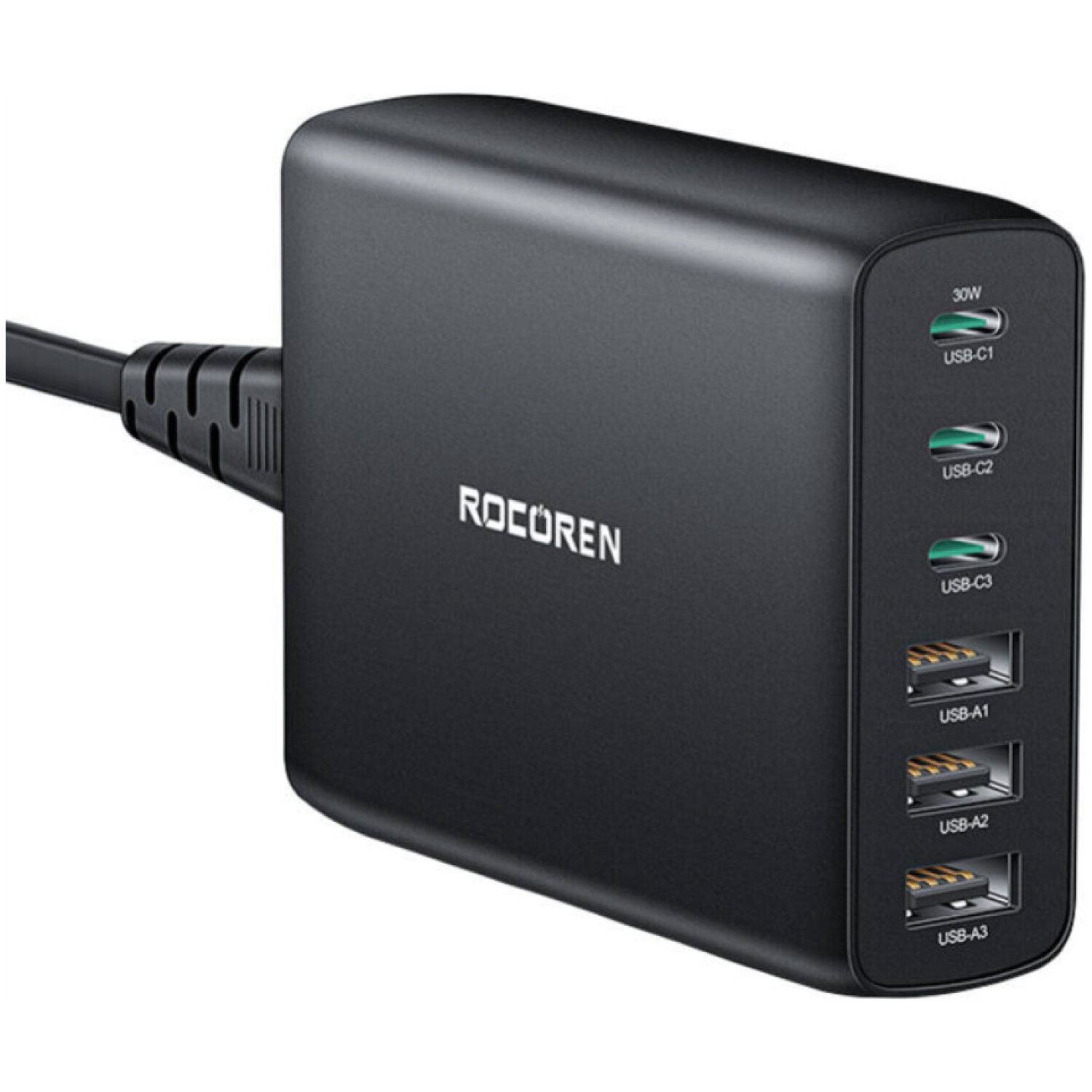 Hišni polnilec 100-240V => 3x USB-A in 3x USB-A PD3.0 PPS AFC FCP QC4.0/QC3.0 100W GaN Rocoren Rocoren črn (RCCTZM-NLZA01)