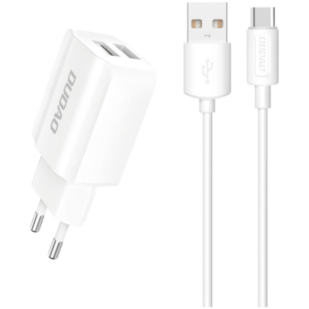 Hišni polnilec 100-240V => Dudao 12W 2xUSB-A napajalnik za mobilne telefone s priloženim kablom USB-C bel (A2EUT)