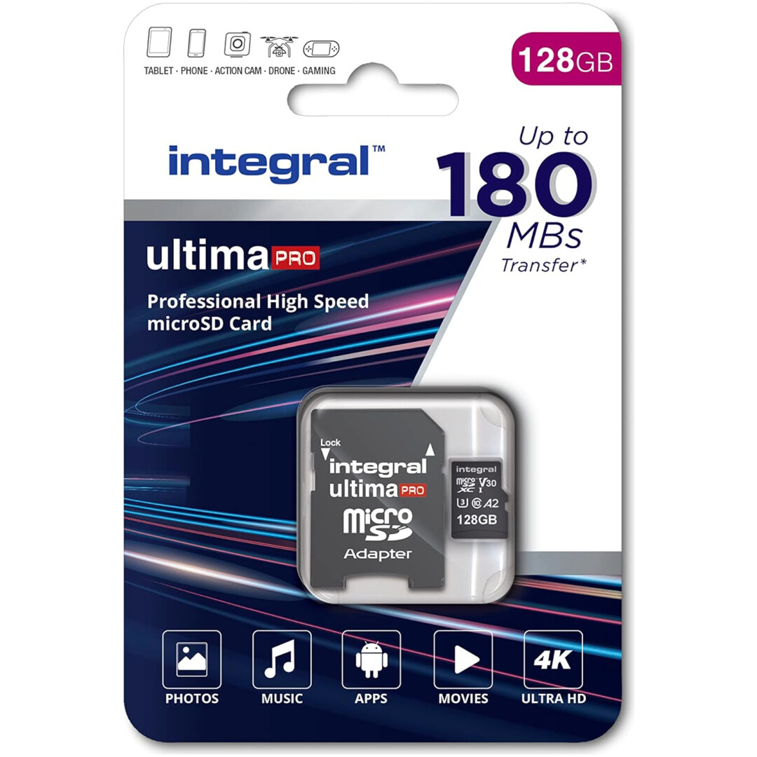 Integral 128GB Micro SD 4K branje 180MB/s pisanje 90MB/s MicroSDXC A2 C10 U3 UHS-I 180-V30