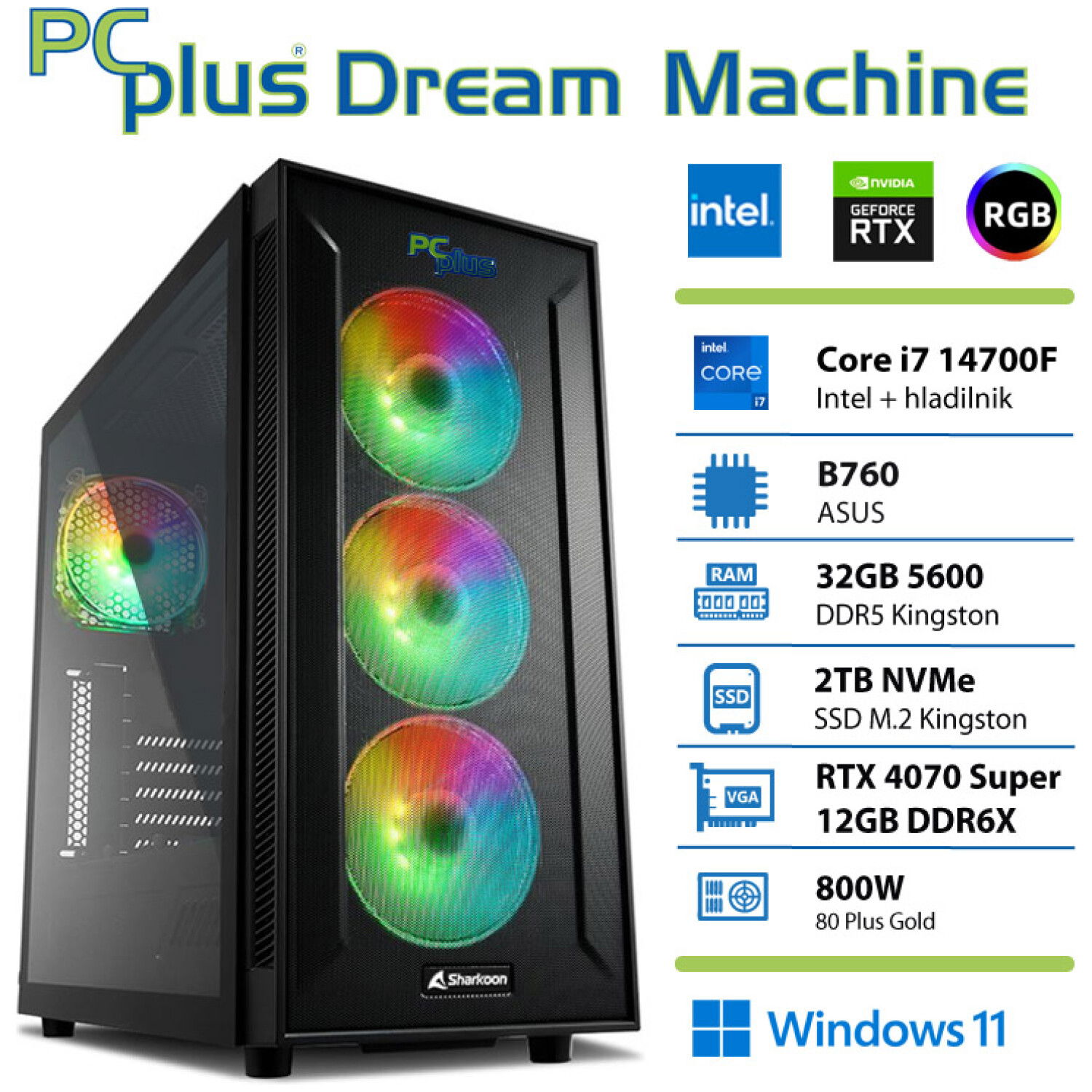 PCPLUS Dream Machine Core i7-14700F 32GB 2TB NVMe SSD RTX 4070 Super 12GB Windows 11 Home gaming namizni računalnik